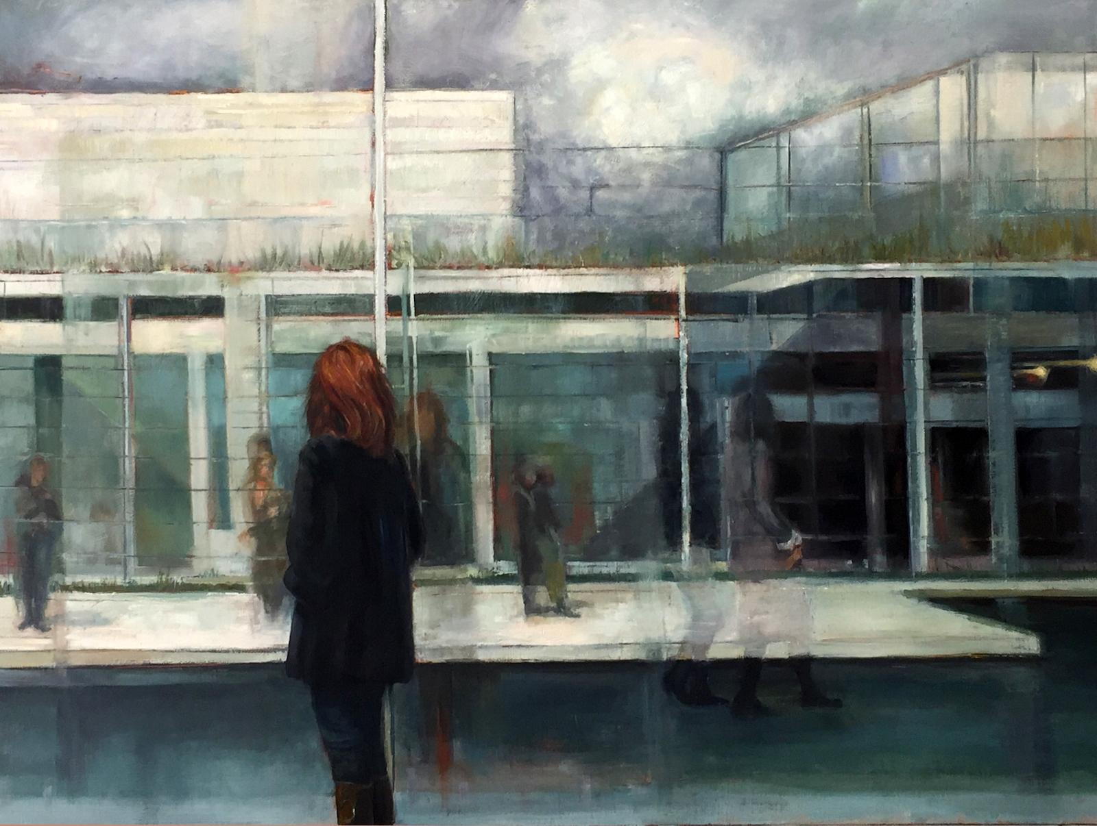 This painting shows a woman looking through a window at ghosted images. She is lost in her own thoughts and contemplates a series of ghosted images and reflections. Private collection.