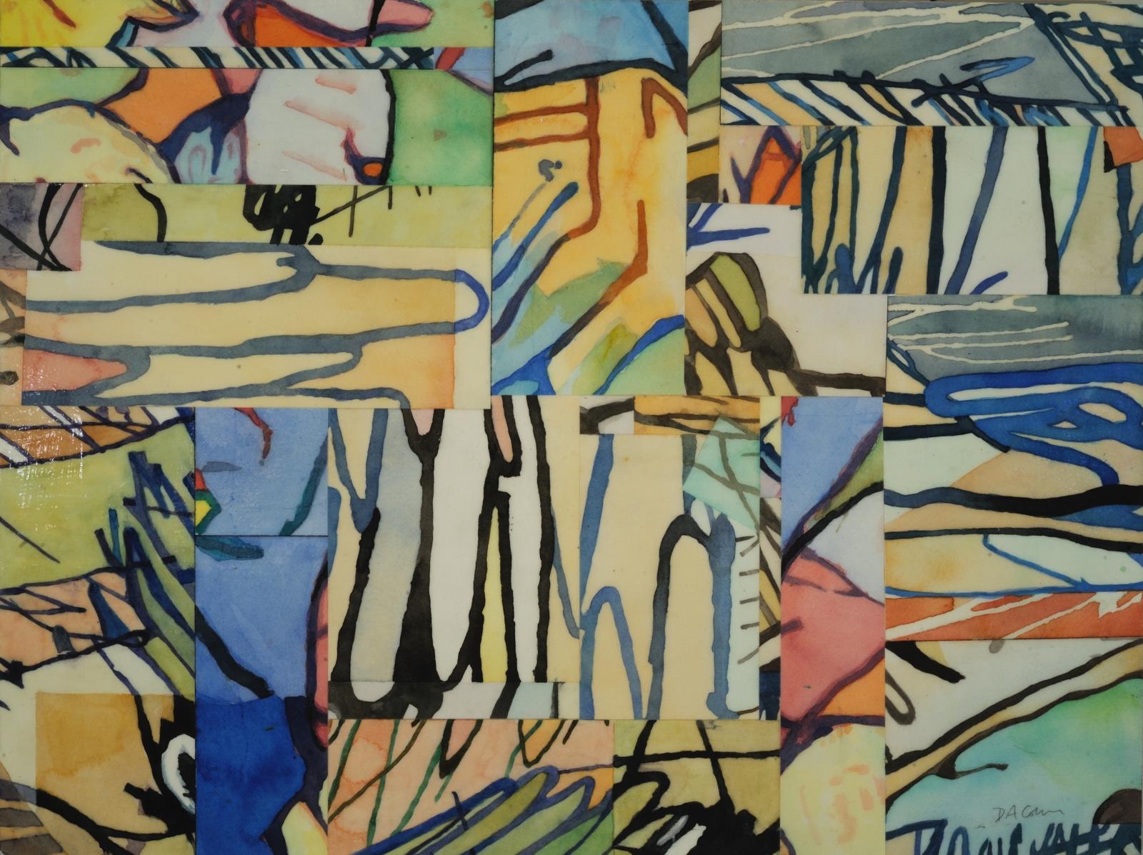 Watercolor patchwork composition on board.