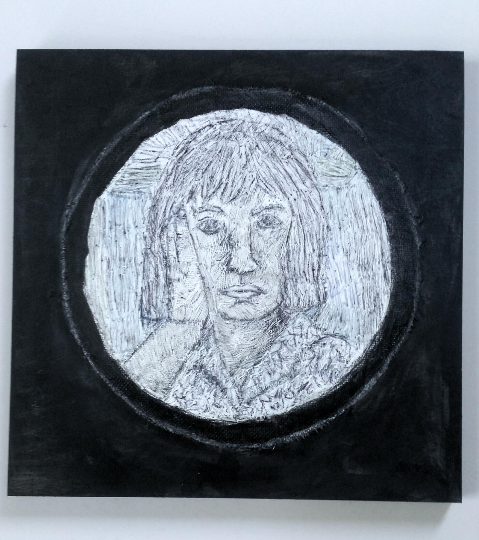 Embroidered self-portrait pained with gesso and drawn into with graphite.