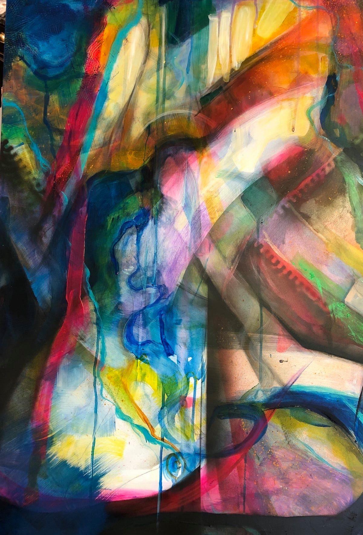 I was inspired by the words by Veronika Krausas's haunting Opera called 'Hopscotch' that consists of 36 chapters.
IS ALL TIME SIMULTANEOUS is an excerpt from the Hopscotch album, Track 10.
The original painting was created using spray paint and acrylic, painted on gesso board. It was painted in concert while replaying the song continuously.
Listen to the words here
It tells the story of Lucha, Jameson, and Orlando. Encompassing the life of Lucha from her Quinceañera through her marriage and loss of her husband, until she is an old woman.