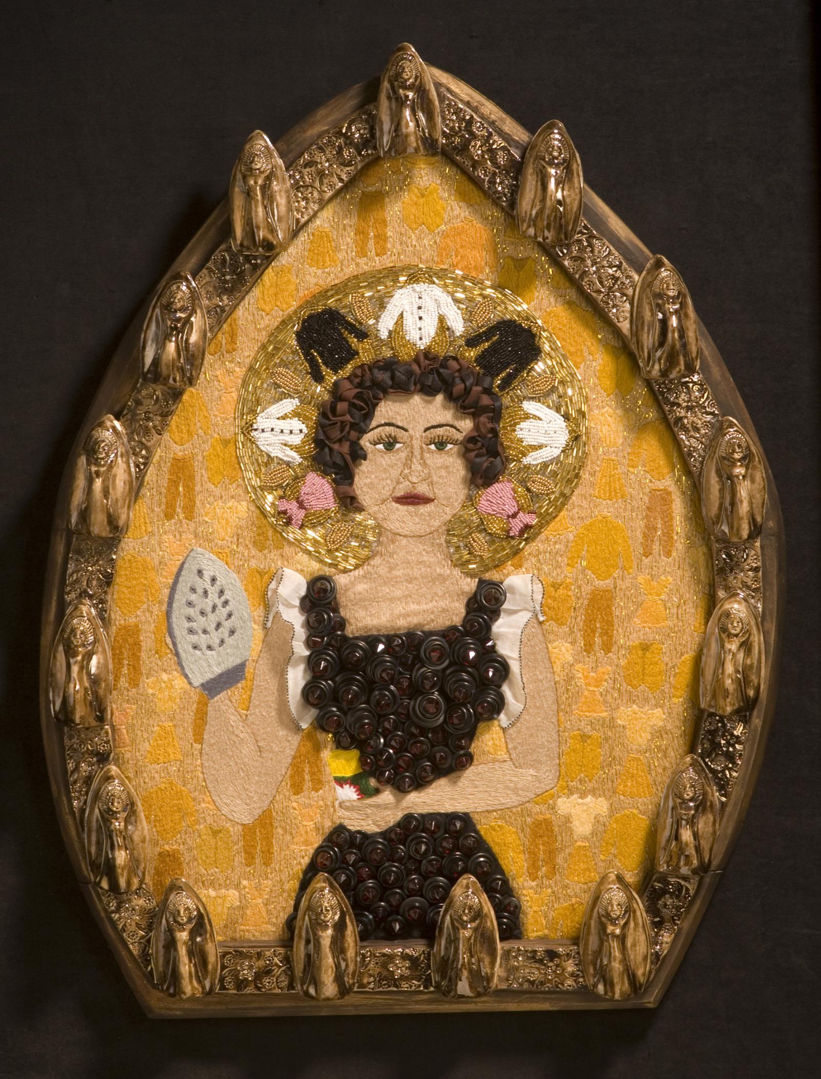 One of a series of images playing with traditional icon forms. The iron madonna has domestic talents, but is by no means domesticated. The work is hand embroidered with beading and appliqué on muslin. She is set in a hand built ceramic frame on a wood support.