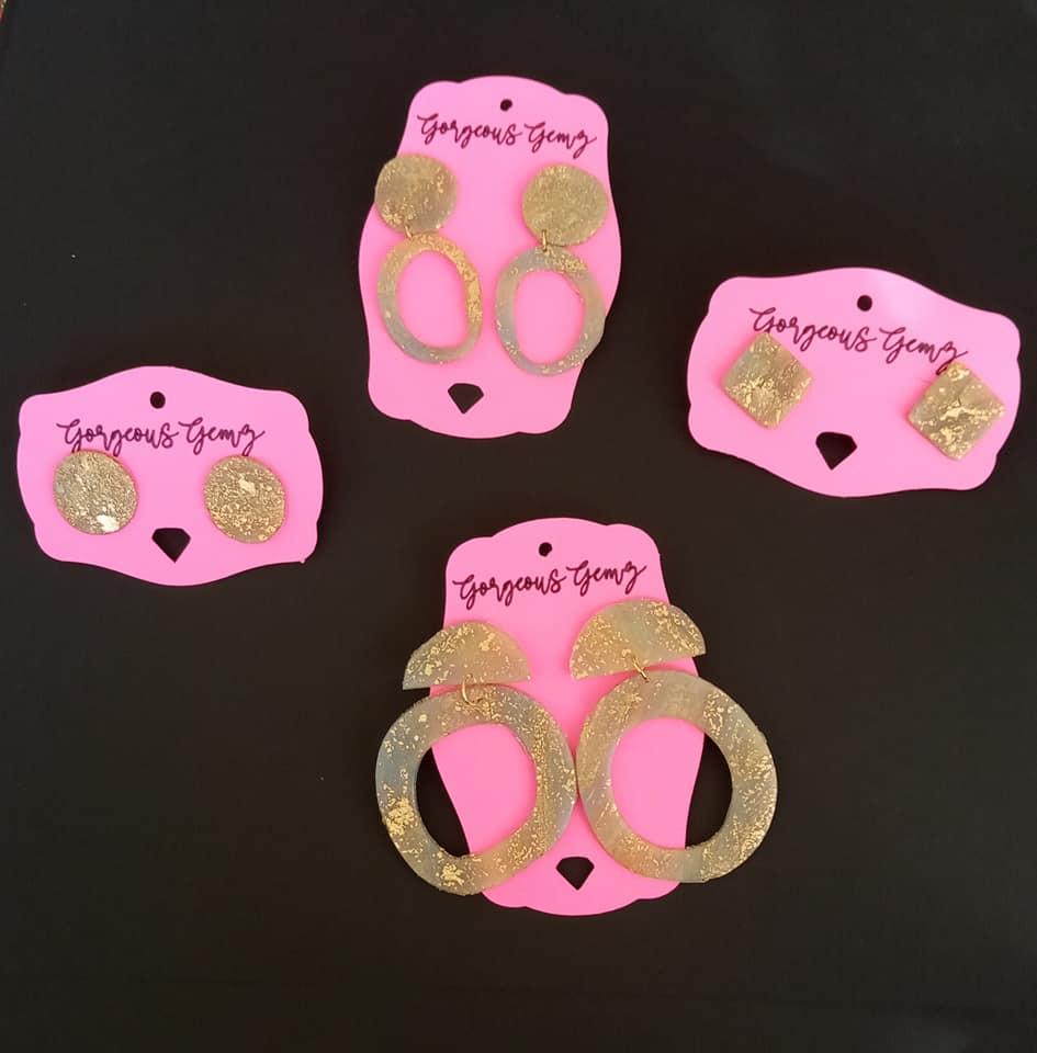 Handmade Polymer Clay Earrings, made with gold leaf and translucent aqua clay.

