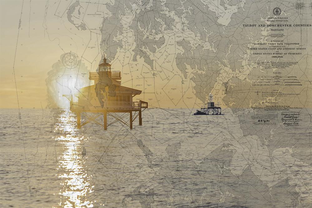 Sunset over the Choptank River Light that has been superimposed on the CC Yates Charts of the Historic Maryland Oyster Bars
