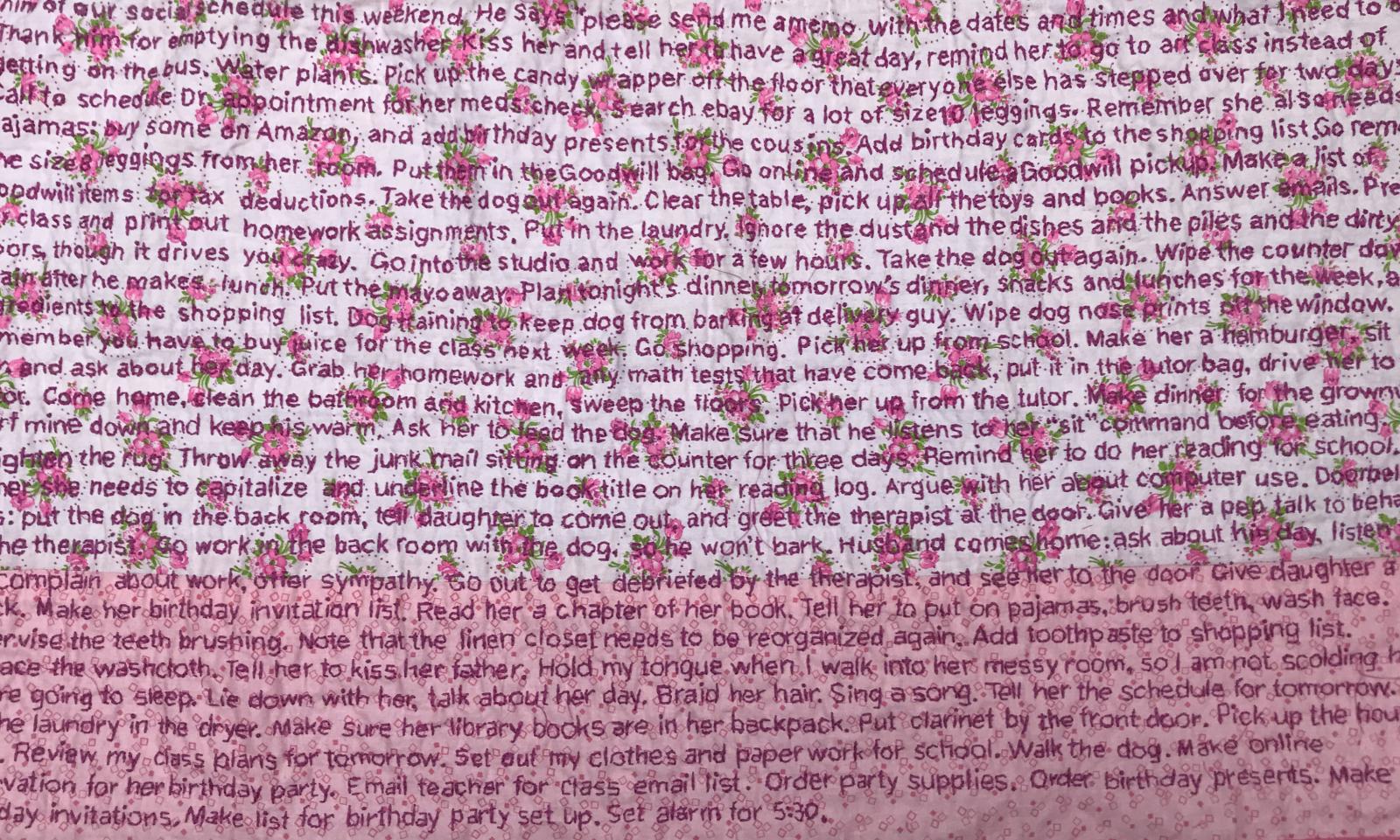 Emotional Labor Apron, 2019
Hand embroidery on vintage apron, detailing one day of my emotional labor
24 × 36 in