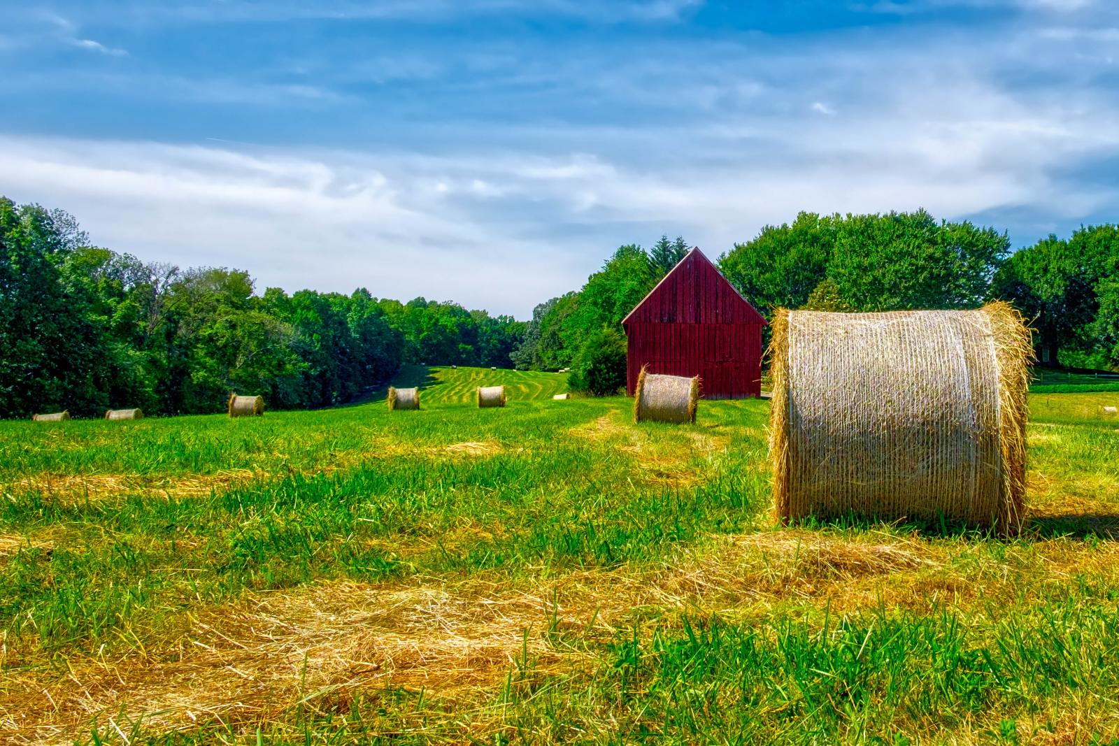Red barn and bales of hay in Southern Anne Arundel County.