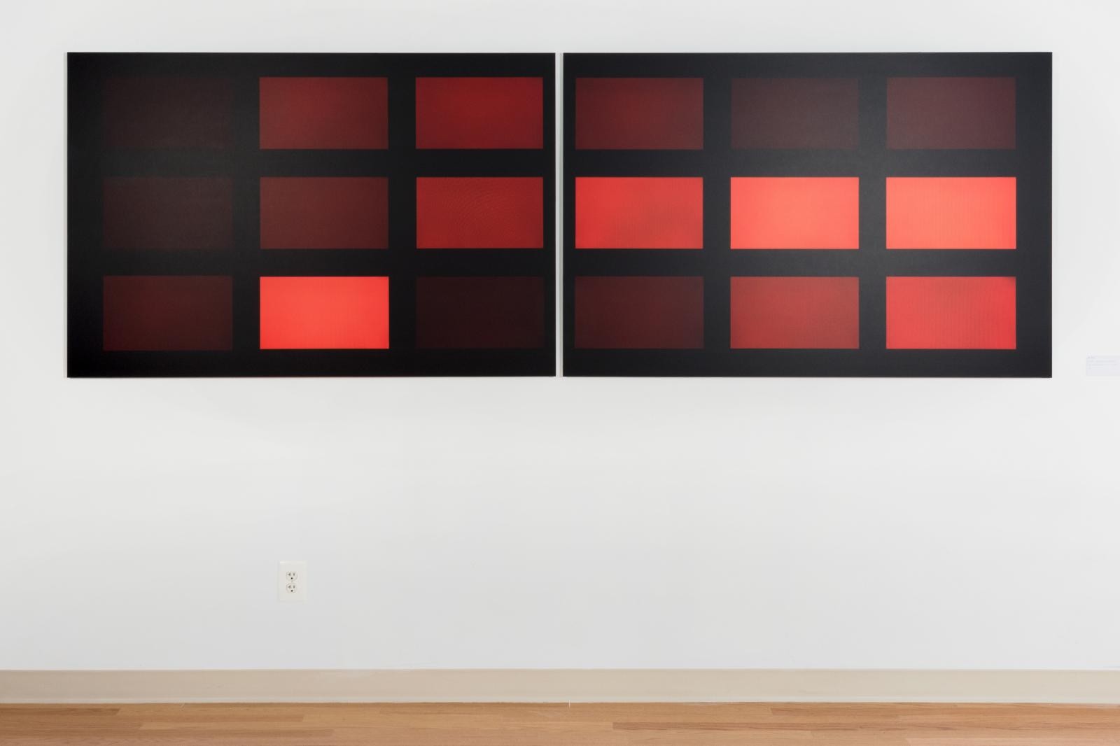Composite photograph of 18 computer monitors, each individually programmed to display "solid red". Exhibition image from "Charts & Records" (2018) @ Julio Fine Arts Gallery, Baltimore, MD.