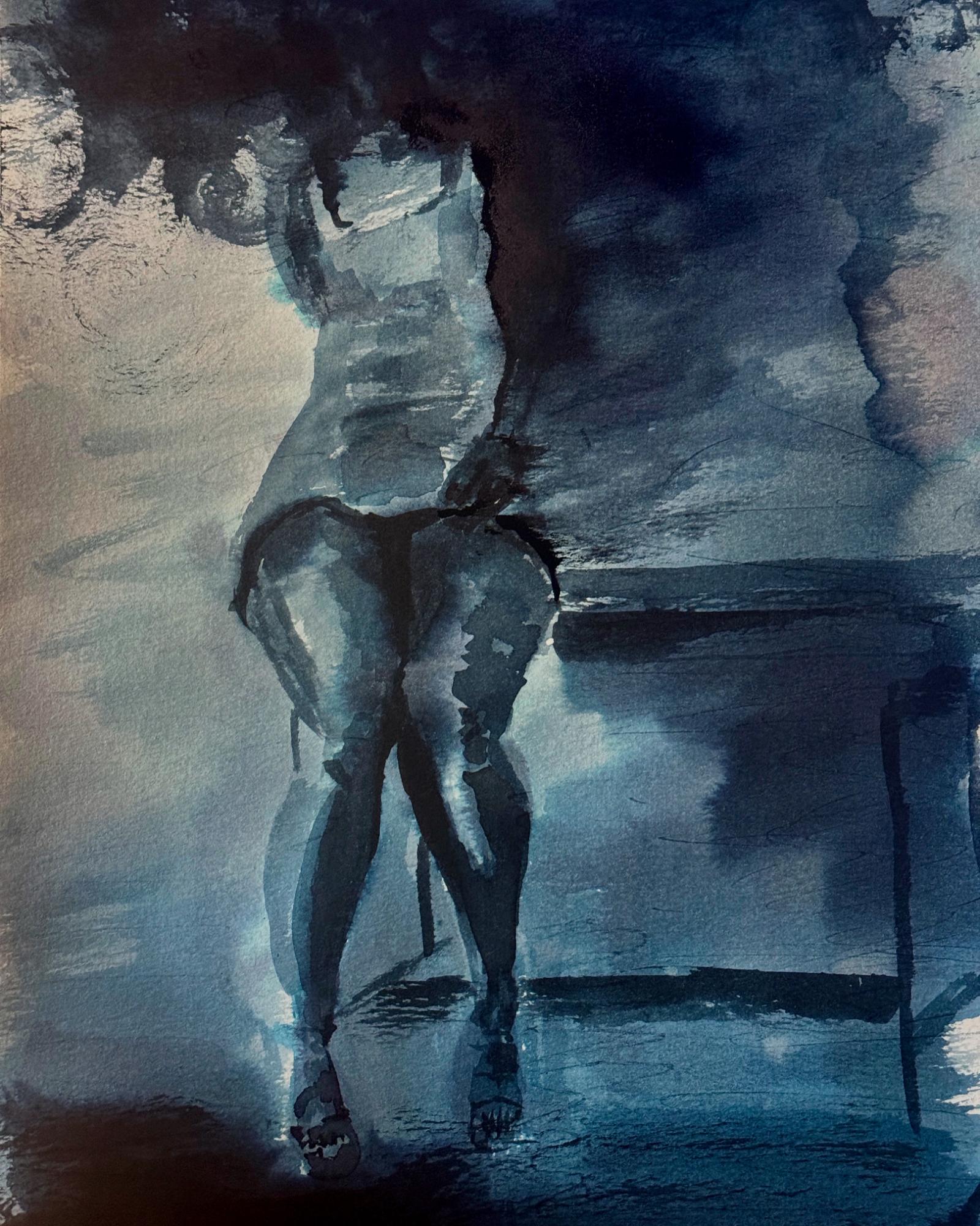 This self-portrait captures the layered emotional and physical reality of navigating life as a single mother in Baltimore while managing both visible and invisible disabilities. Rendered in shades of deep indigo and muted blue, the figure appears partially dissolved into her environment—an echo of how trauma and responsibility can blur the sense of self.

The seated posture, with crossed legs and downturned toes, conveys both vulnerability and endurance. Her form is partially obscured, her head dissolving into a dark, stormlike cloud—a symbolic expression of PTSD’s heavy mental fog. The ink bleeds and washes speak to the fluidity of emotion, the instability of routine, and the constant shift between resilience and collapse.

The right side of the image, dominated by a loosely defined table or bench, hints at domestic life and caregiving—yet it’s only half-present, almost fading. This visual instability mirrors the artist’s constant balancing act: sustaining a home, managing pain, surviving trauma, and raising a child with limited support.

Though fragmented and heavy, the portrait is not without strength. Each brushstroke resists erasure, asserting presence even in dissolution. It is a meditation on persistence amid change, a raw testament to the cost of survival, and a quiet call for compassion for the unseen labor carried by many women like her.
