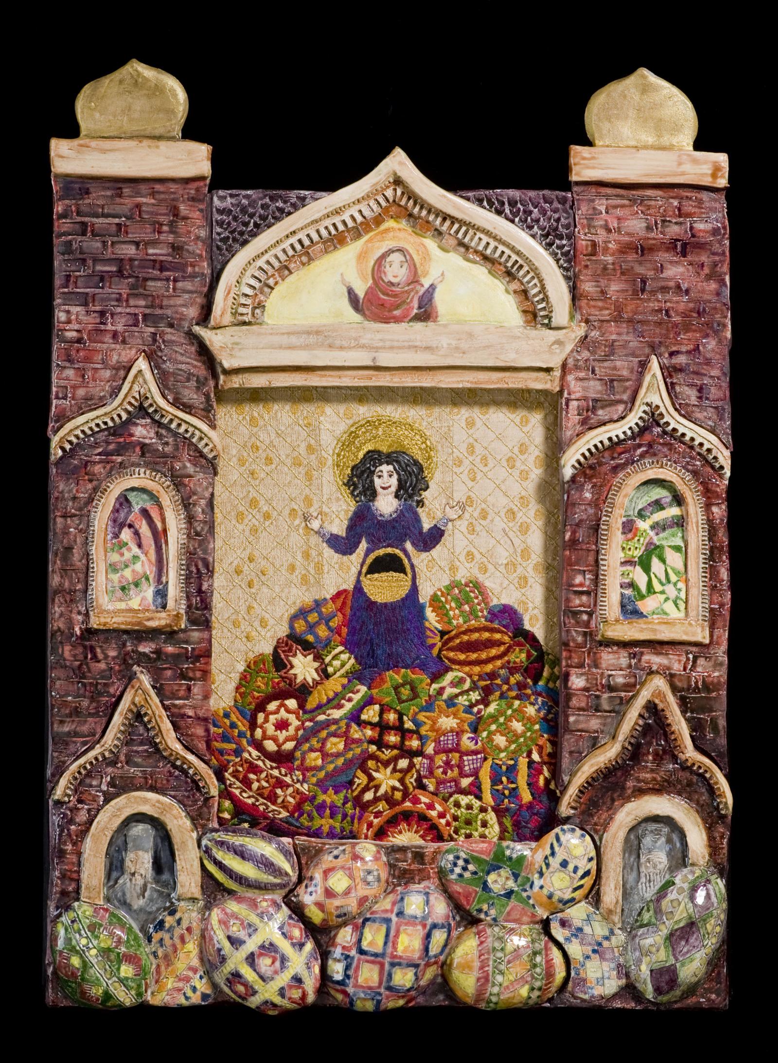 Another piece in the Virgin of the Sign series. This is intended as a light hearted musing on a life of creating that has not included creating life.