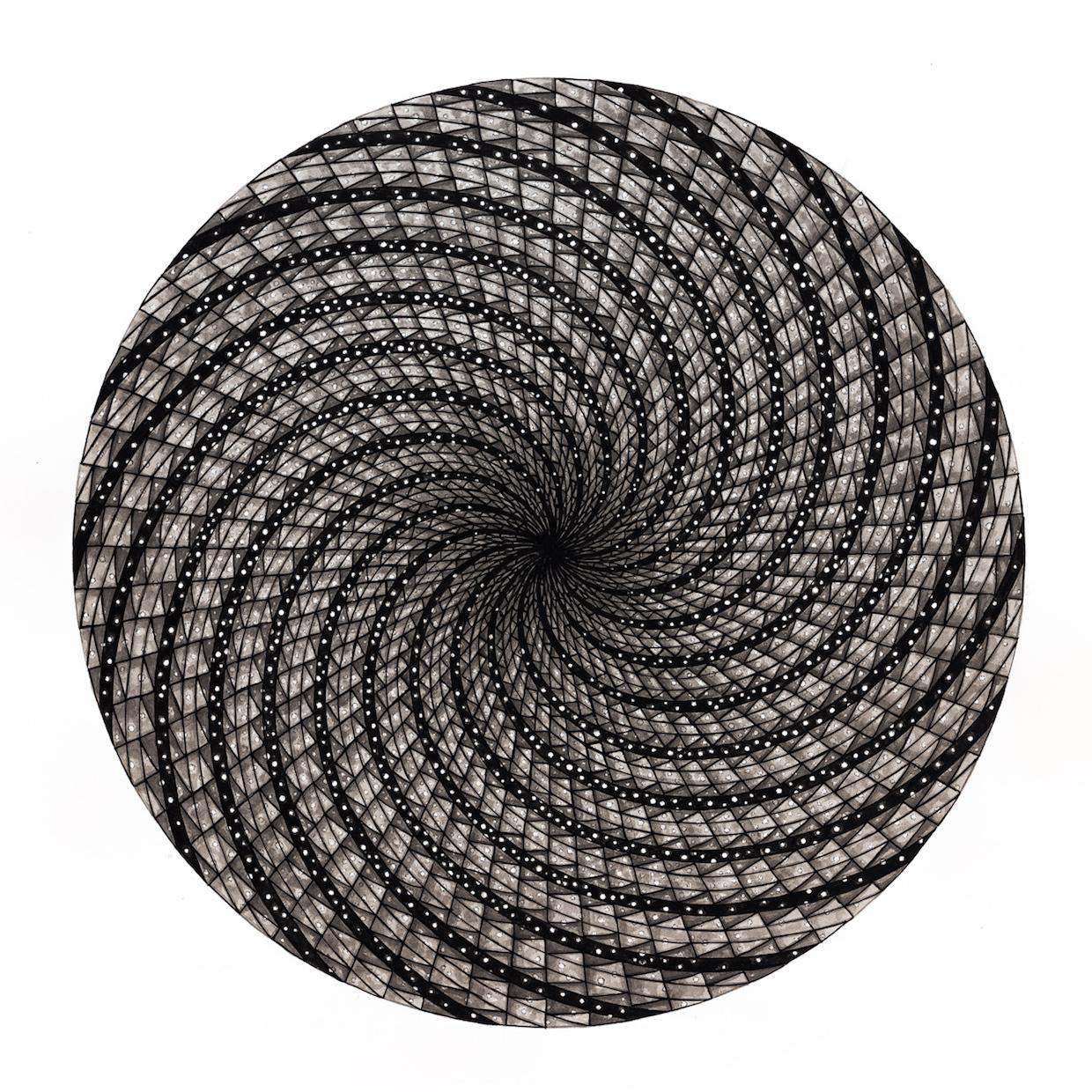 The mystery of the black hole fascinates me as it deals with concepts of singularity and infinity simultaneously. In this drawing, I have attempted to depict the extreme warping of space-time near a black hole while stars and galaxies are in the background.