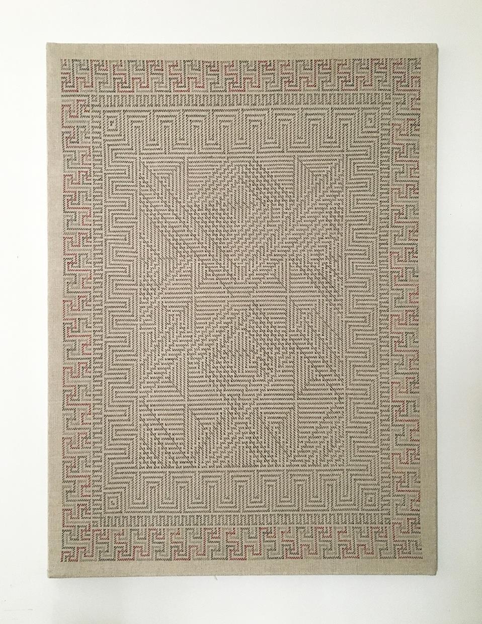 My current body of work is constructed on the loom. To create these pieces, I draw my image to scale using graph paper. I then embroider as I weave, working about 7 inches at a time. I weave a section, then embroider into the cloth using a counted stitch technique.