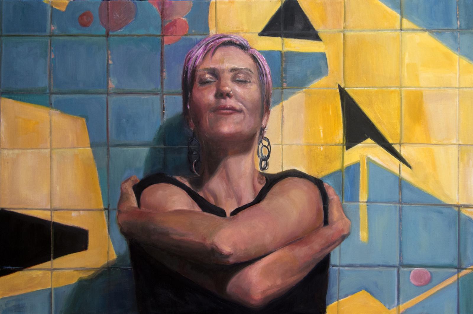 This painting is based on images I took during a photo shoot at the Dupont Underground in Washington, DC. I loved
the way the model hugged herself and seemed to be wrapped in her own world and dreams. And, what’s not to love about her pink hair. 