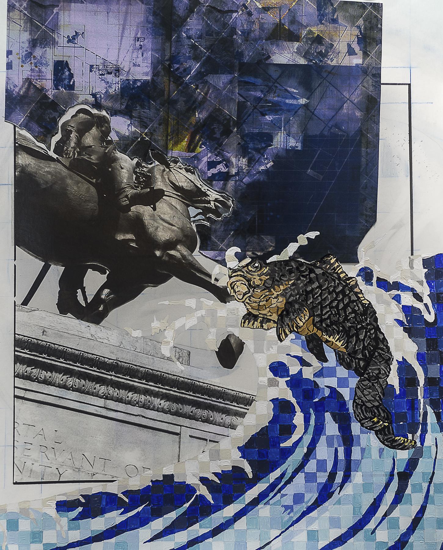 silver gelatin print of George Washington in Baltimore with acrylic painted giant fish