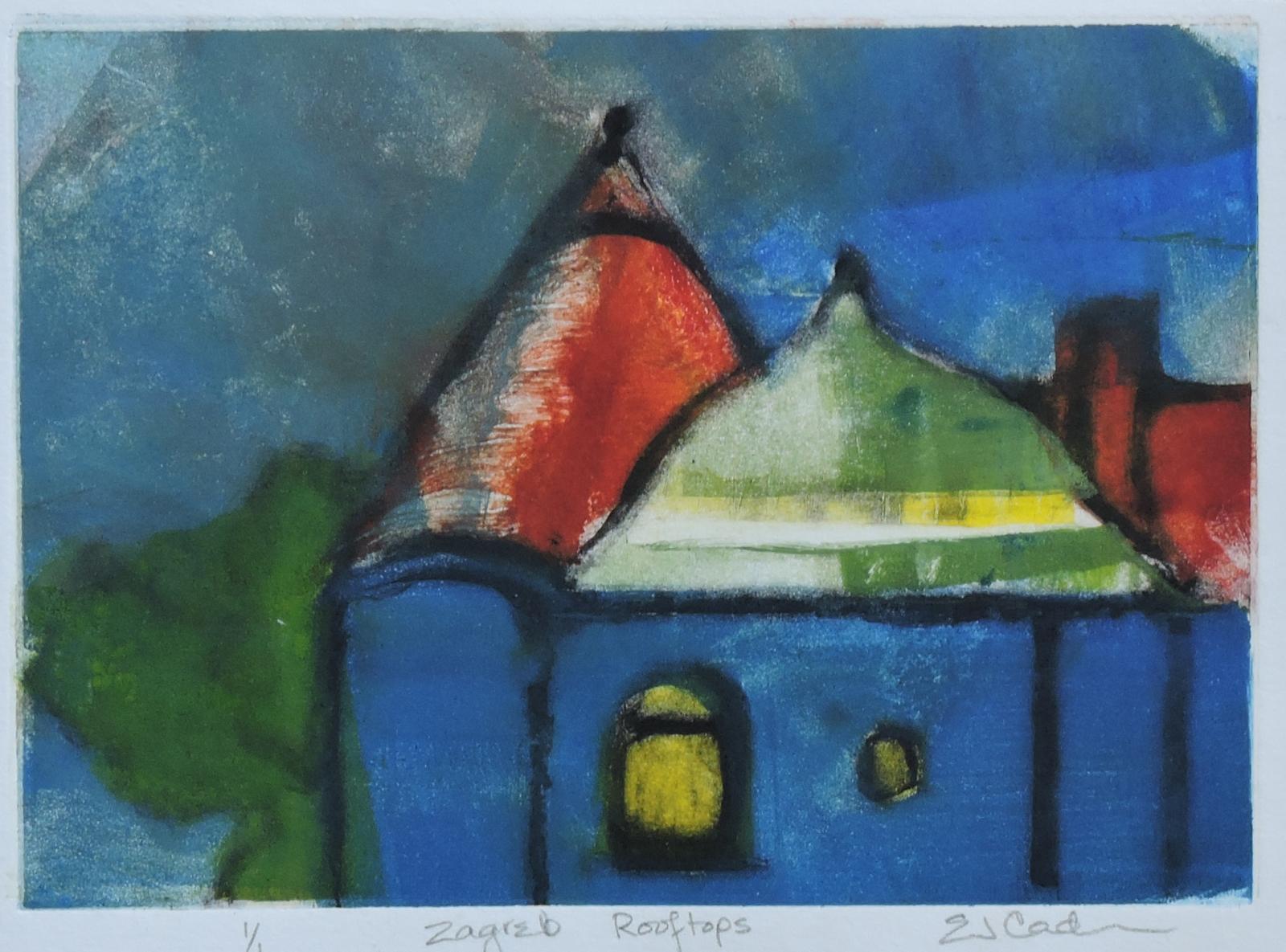 Monotype in blue, yellow, red of rooftops in Zagreb, Croatia
