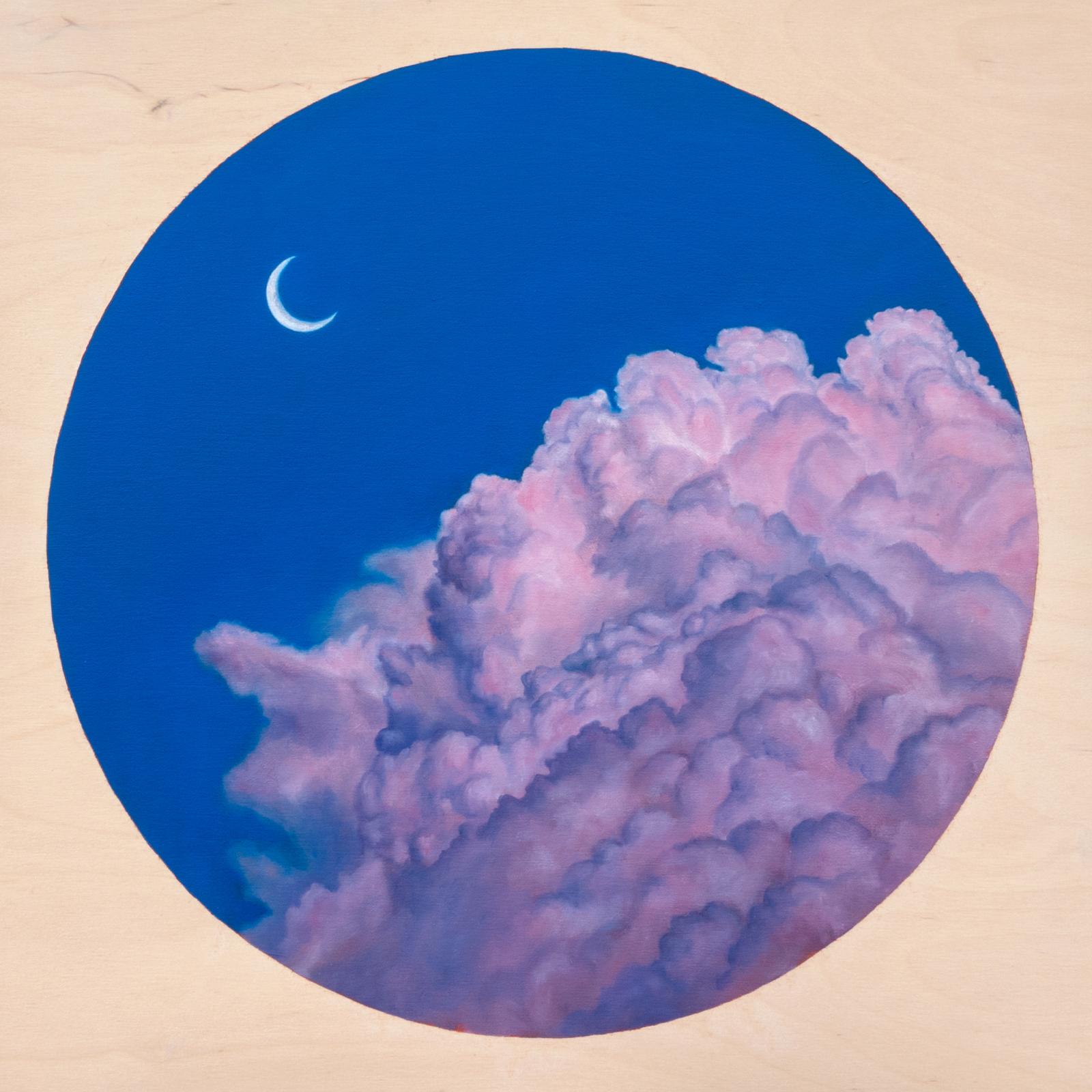 Some of my most memorable and uplifting experiences involve watching clouds. Sometimes it’s been through a plane window, or through binoculars. Once I witnessed evening clouds through James Turrell's "Skyspace" in Sweden. But mostly it’s been from the ground with bare eyes. As an avid cloud watcher, I am drawn to the infinite variations in shape and color those magical tufts of water vapor can embody. Cloud forms are a challenge to replicate because of the way light interacts with them, their hard and soft edges, and their inconsistent shapes. They are simultaneously insubstantial and substantial. As a painter I strive to capture color, light, and form; using clouds as a subject gives me free range to play with all of those qualities. Clouds are complex, vital, and a defining characteristic of our Earth. These Sky Portals exist as a tribute to the fleeting moments of beauty that our skies provide.
