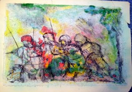 This work expresses my personal experience of a true event. It's intentionally blur somewhat, and its layout is meant to show the brotherhood that makes everyone in this team to totally trust each other. The reds represent the bloody injured who didn't give up.