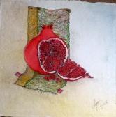 Pomegranate was considered an aphrodisiac in ancient Israel. It's a fruit that is difficult to resist. Made using a combination of oil crayons, water color pencils, acrylic and black colors. It is meant to stress the richness of the fruit and its context to how it was, and still is percieved today