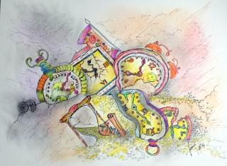 Time measuring instruments vary, but time flows always the same. This work symbolizes the broken time(s) when you feel that it passed too fast, or it lingers when you don't want it to. Made with oil pencils, water color, Chinese black ink, and water color crayons on water color 260 gm paper.
