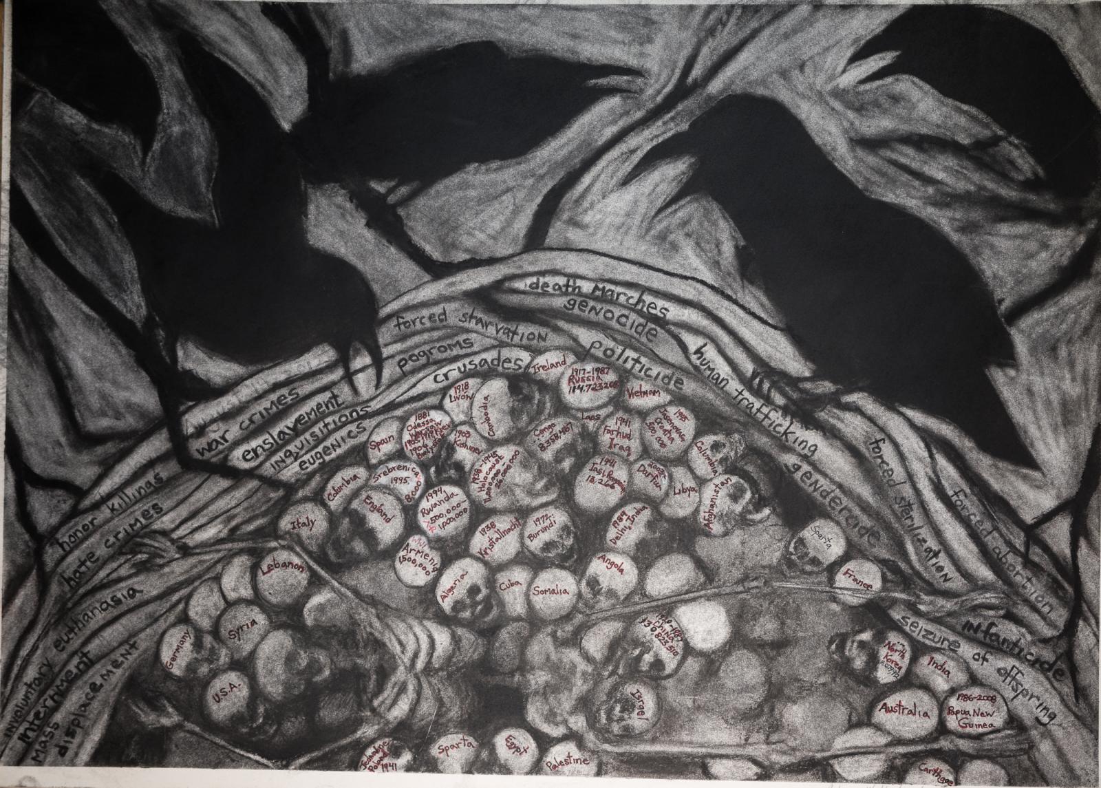 A grim memorial of genocide and persecution. The ravens from Edgar Allen Poe's poem around a macabre nest built by genocide. The "never more" being a cry to remember and not repeat.