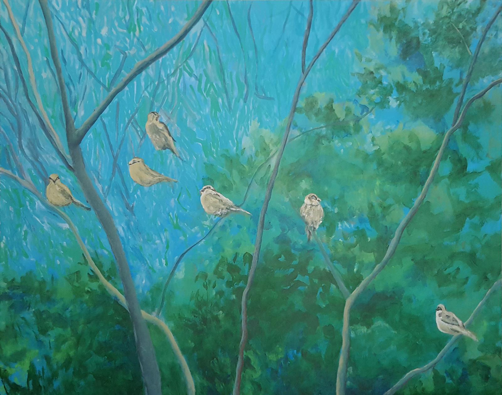 Acrylic painting of sparrows in dead mimosa tree