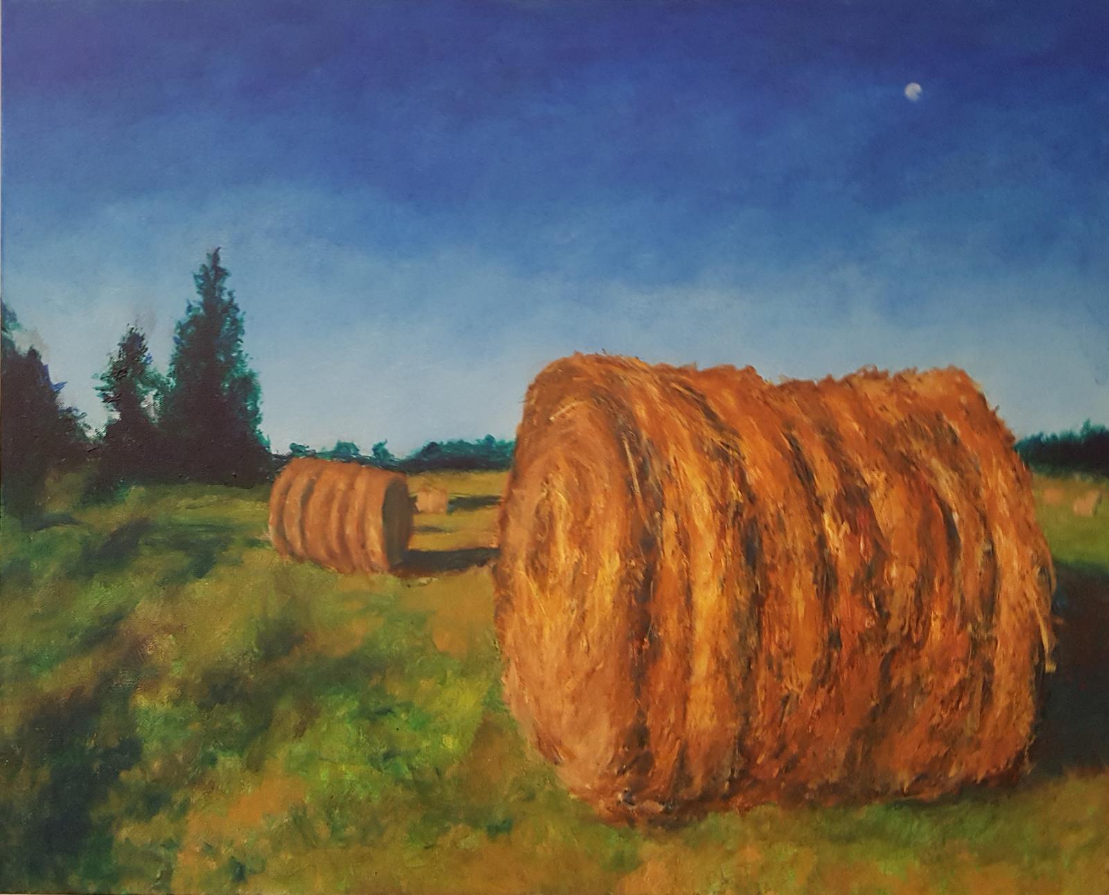 Acrylic painting of hay bales on a Woodbine, MD farm