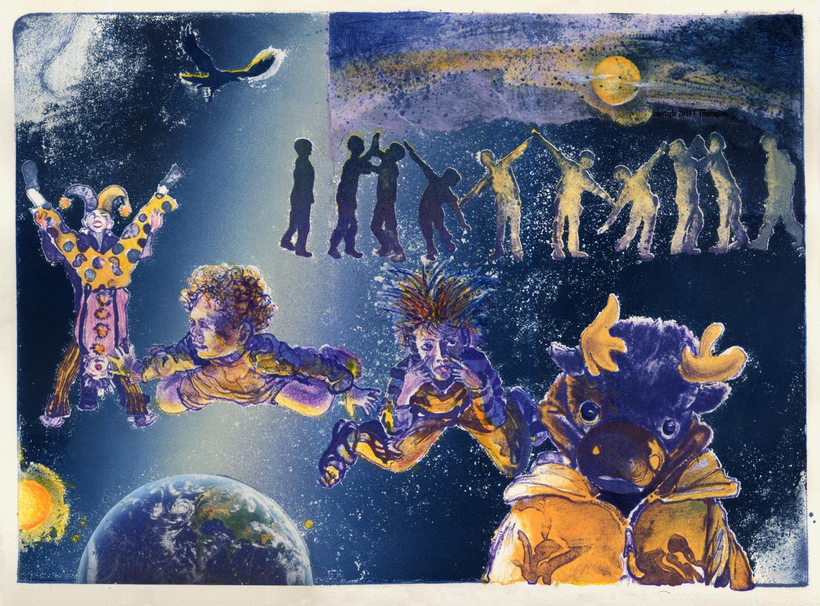 A dream world where boys float into the universe in a multicolored lithograph