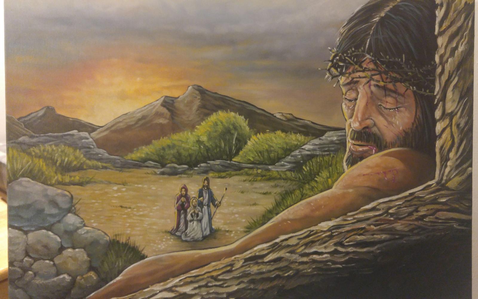 A powerful view of Jesus on his last days on the cross. The background showing a heartbreaking scene of Mary, Joseph and Lady Magdalene watch from below.