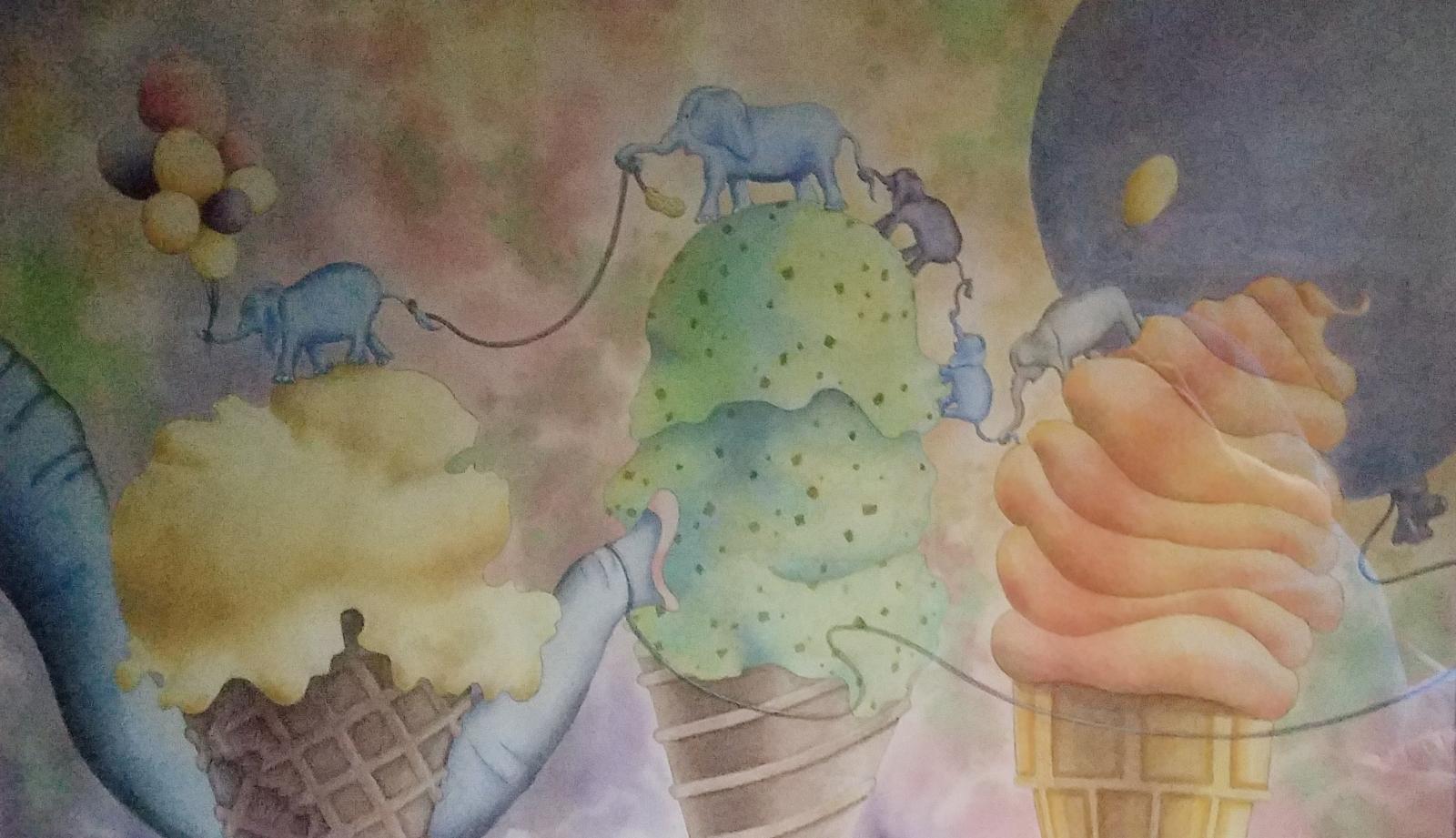 Watercolor of elephants parading across icecream cones