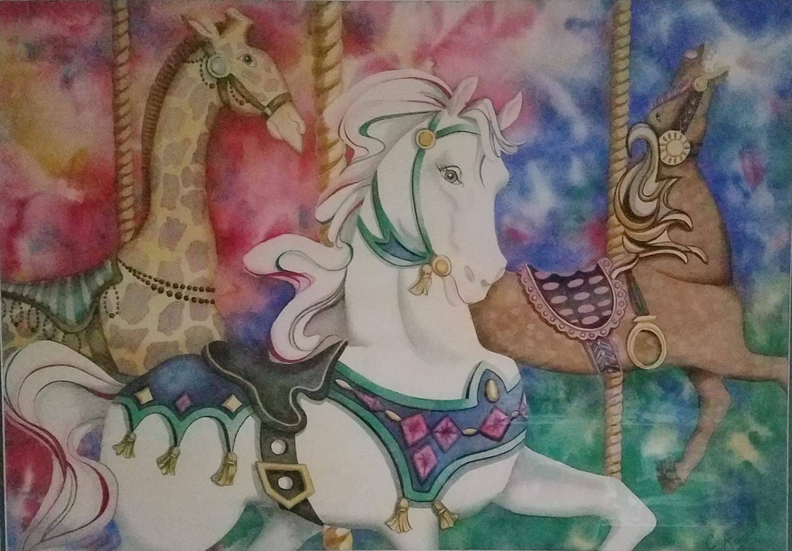Watercolor of carousel horses