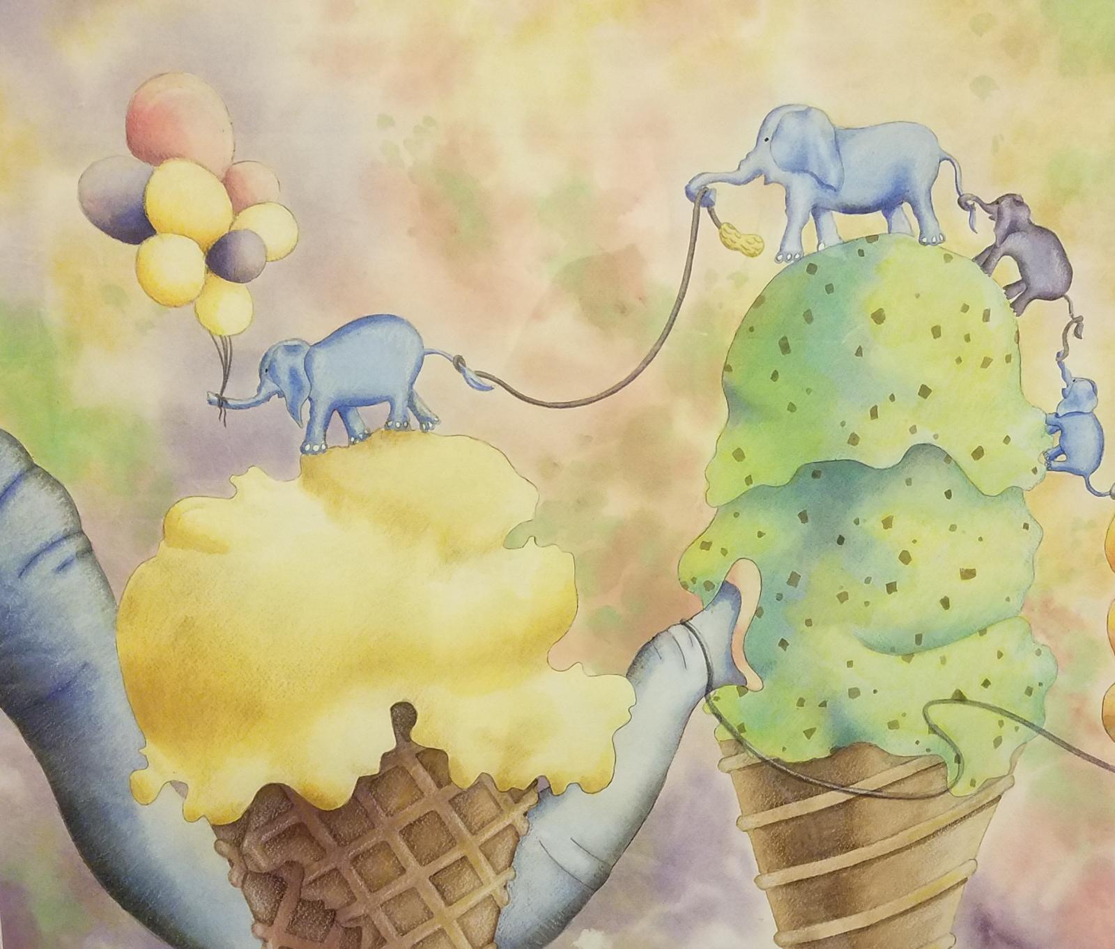 Closeup of elephants parading across icecream cones