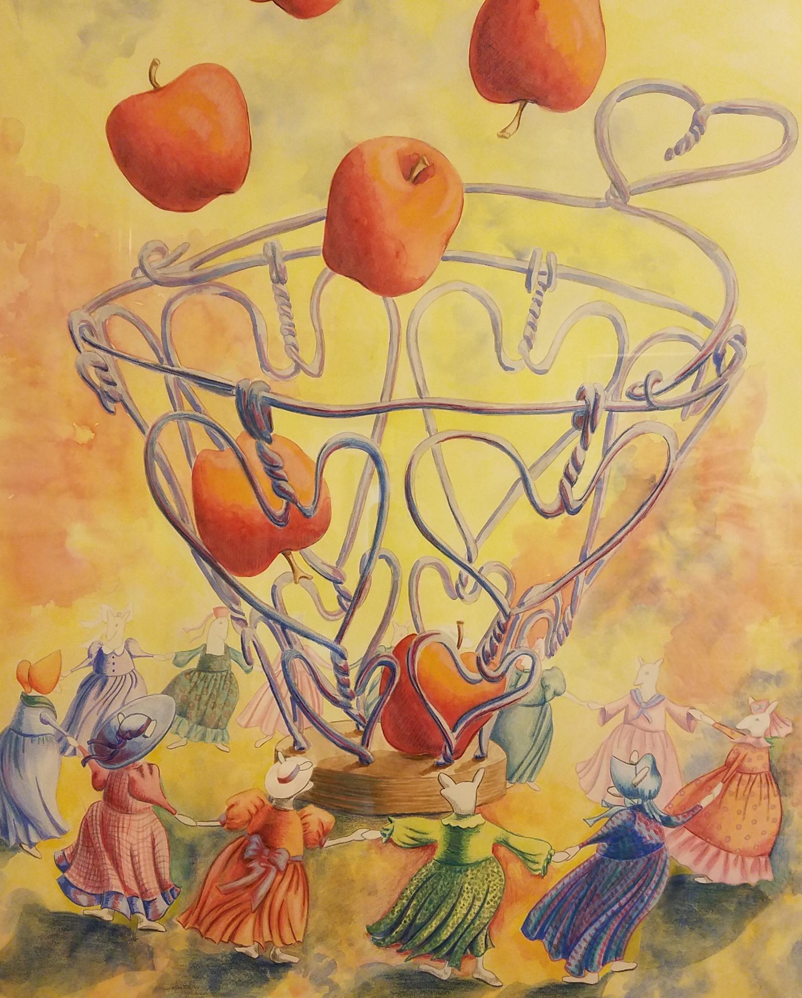 Dancing mice around a basket of apples