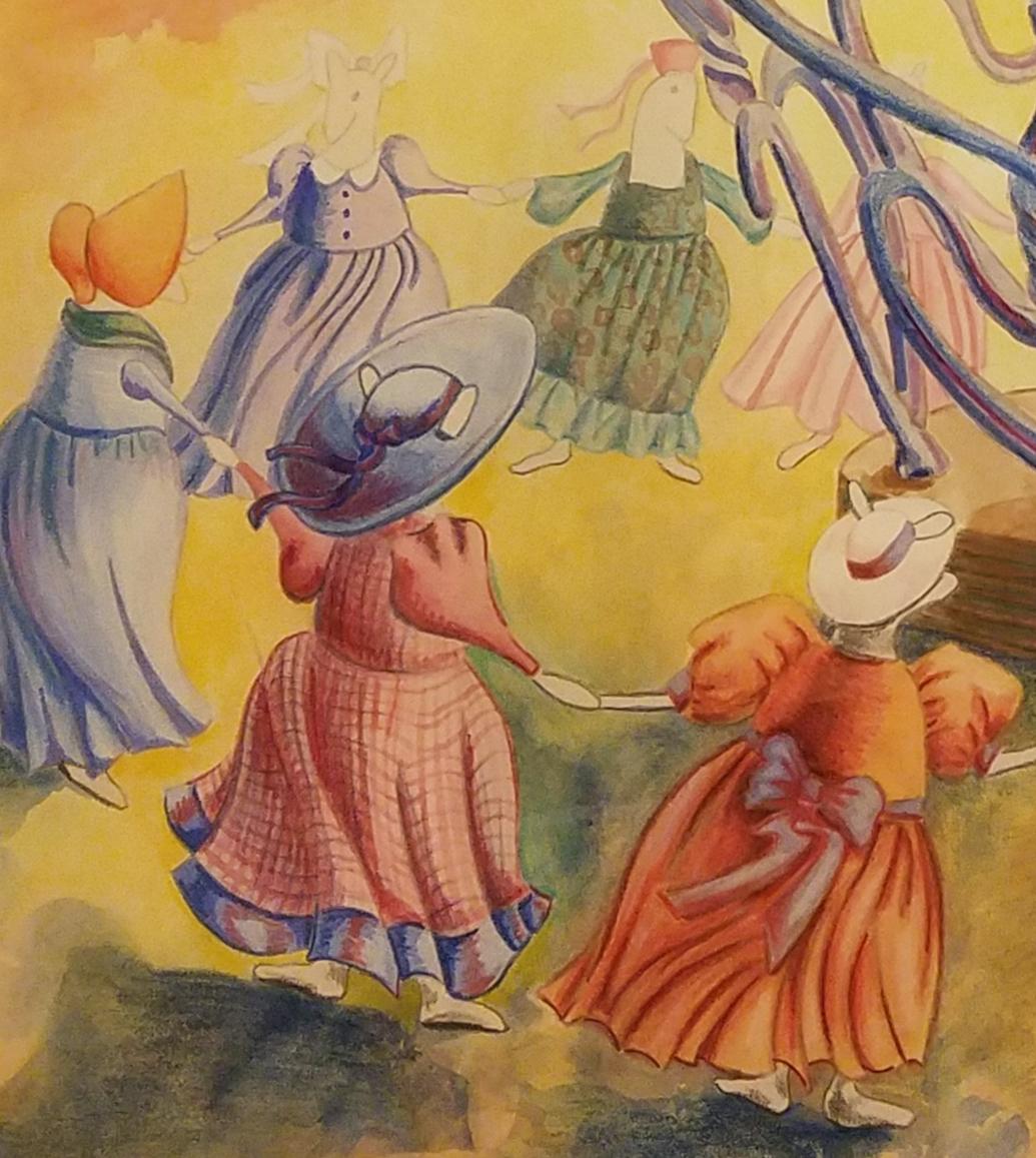 Close up of mice dancing around basket of apples