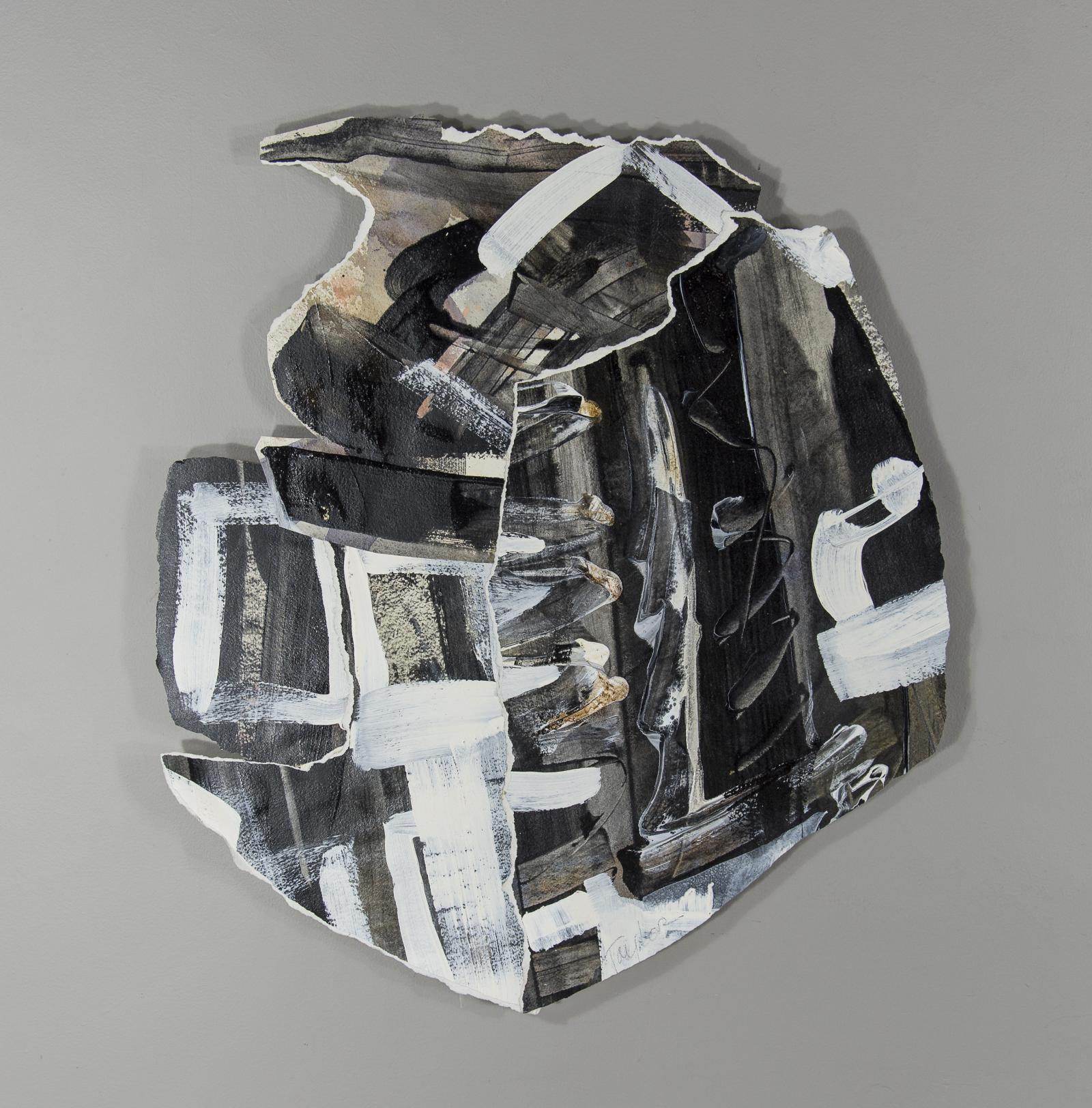  Artwork is acrylic and/or watercolor on 130# Arches paper, torn, assembled with acrylic matte medium on all surfaces. It is mounted on plywood also  coated with acrylic medium. Plywood has been cut with jigsaw to within 1-2" of outside edges of paper. Mounting hardware is attached to back.