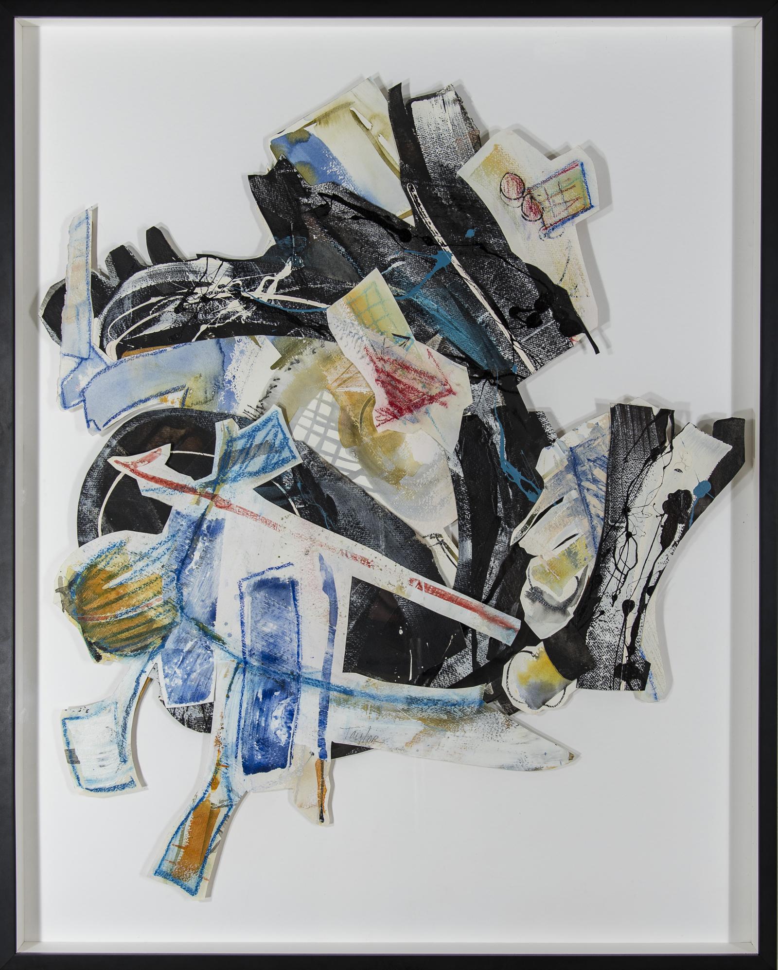 Artwork  is acrylic and/or watercolor, torn, assembled with acrylic matte medium on all surfaces. It is mounted on plywood also  coated with acrylic medium. Plywood has been cut with jigsaw to within 1-2" of outside edges of paper. Mounting hardware is attached to back.