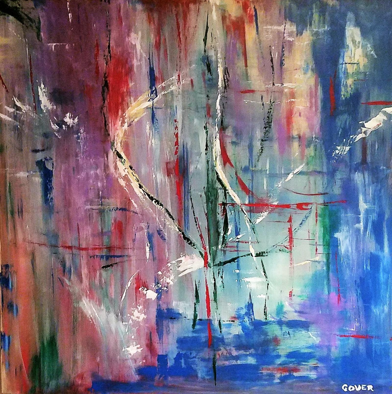 36" x 36" x 1" abstract/non objective acrylic on stretched canvas. Sides also painted. Hanger in back.