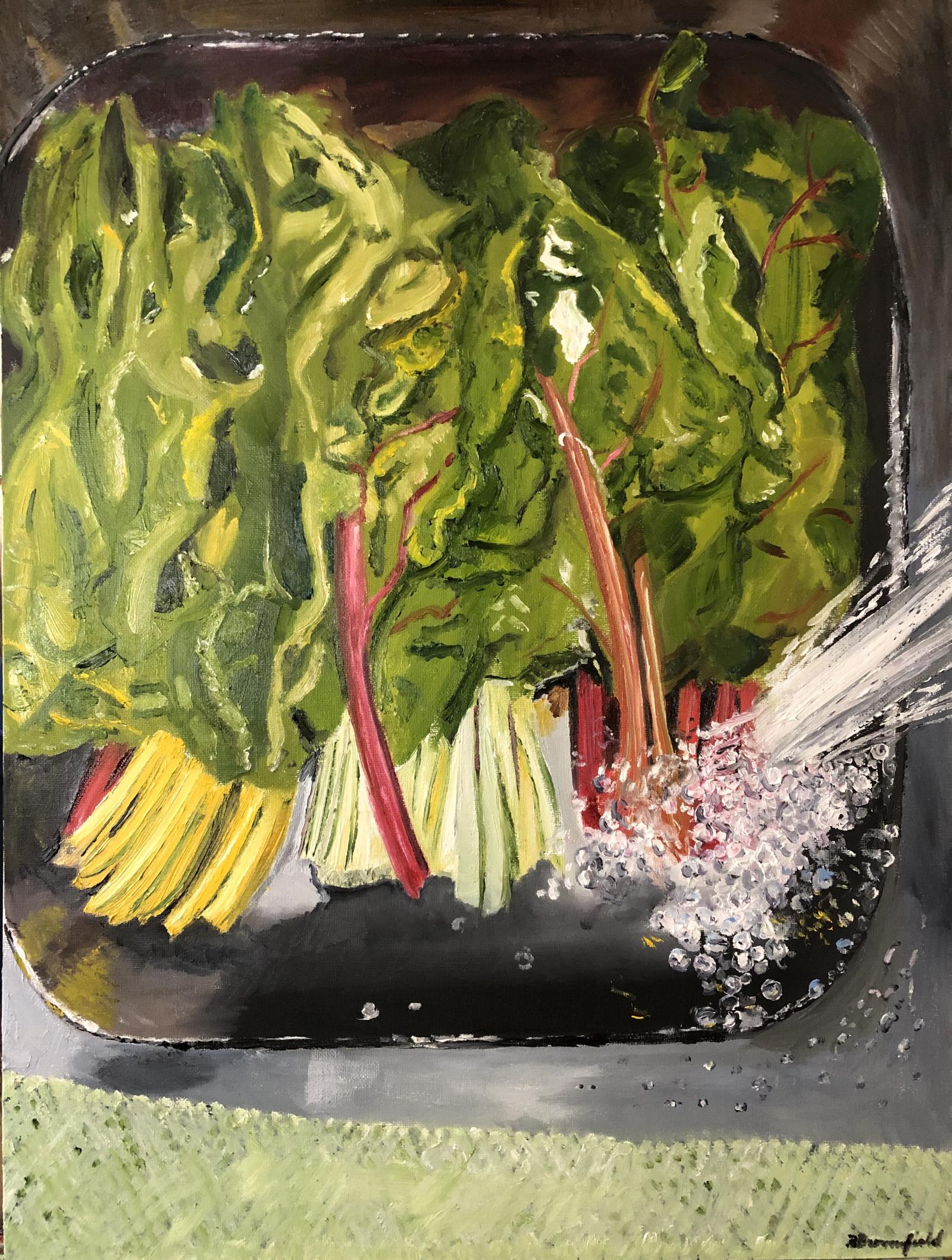 Several bunches of rainbow chard are being submerged in a sink for washing.