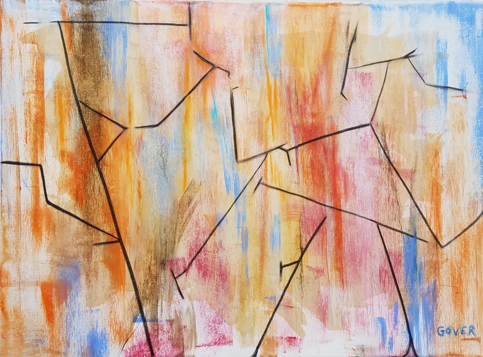 40" x 30" x 1" abstract/non objective acrylic and oil pastel on stretched canvas. Hanger in back.