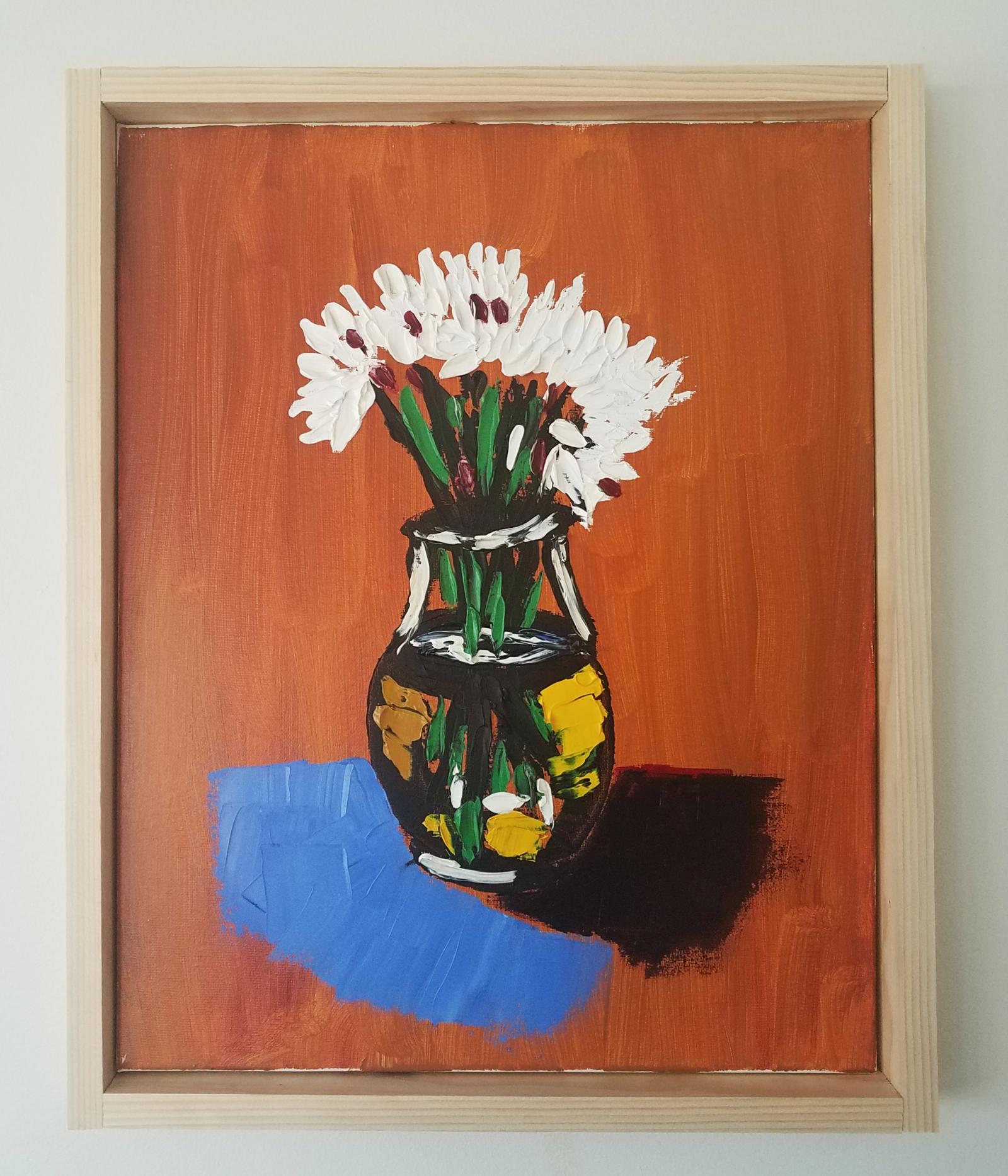A representational still life painting of a bouquet of flowers, loosely painted with active strokes. The base and dominant color is a warmer shade of orange with contrasting strokes of pure white, yellow, ochre, deep red, green, and azure. Special attention is given to exploring the pure qualities of the paint itself as well as capturing important aspects of the composition such as the relationships between light and dark, shadow and highlights, and flatness and depth.
