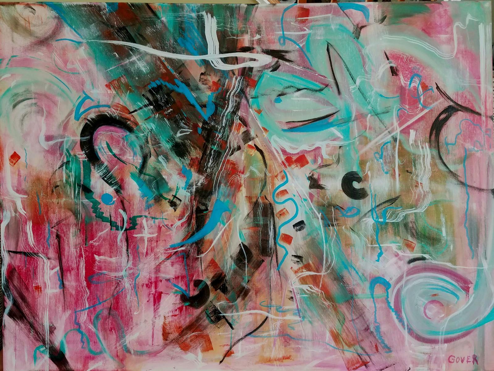 40" x 30" x 1" abstract/non objective acrylic and mixed media on stretched canvas. Sides also painted. Hanger in back.