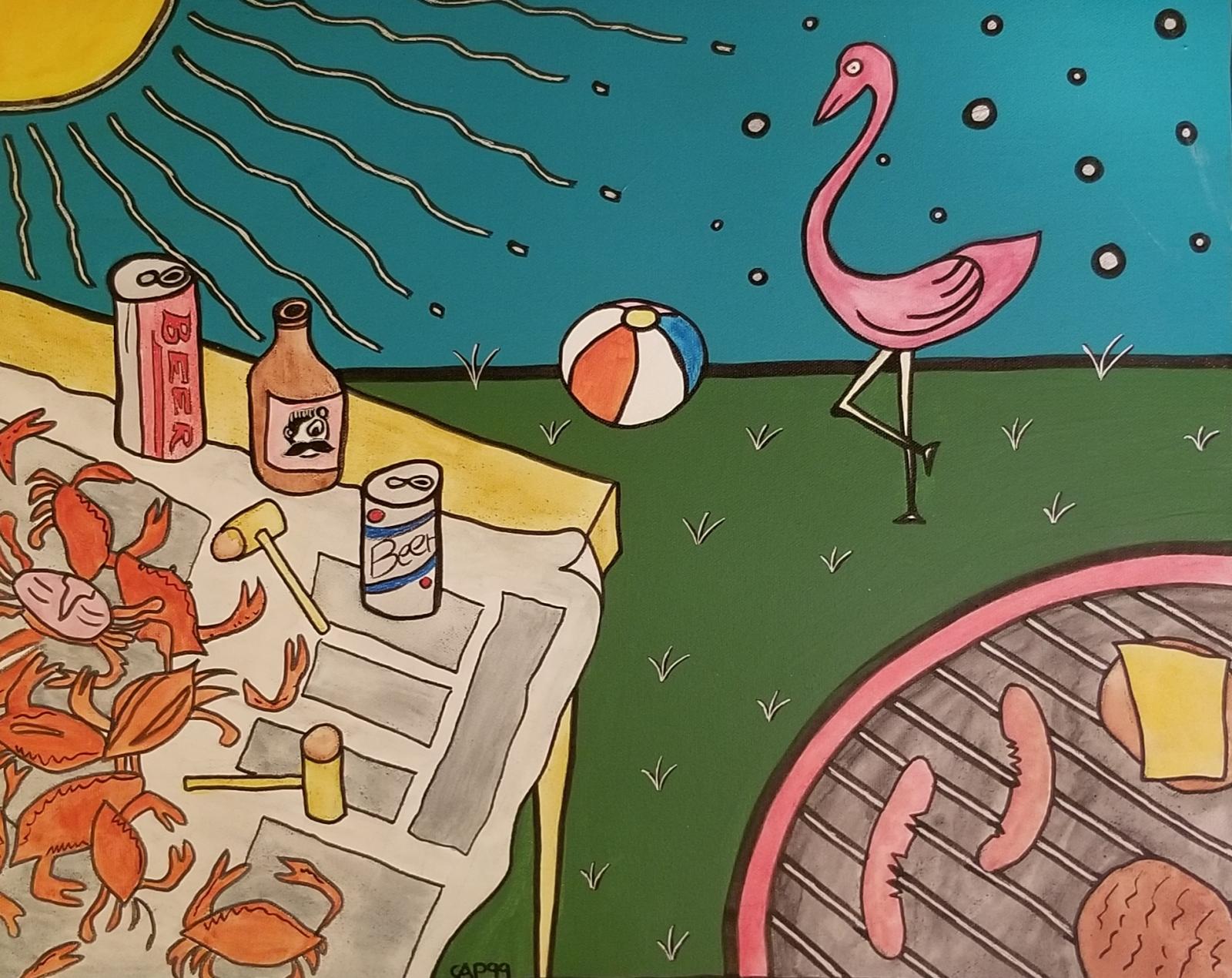 A typical backyard Baltimore barbecue. Crabs, Boh, flamingos and hope.