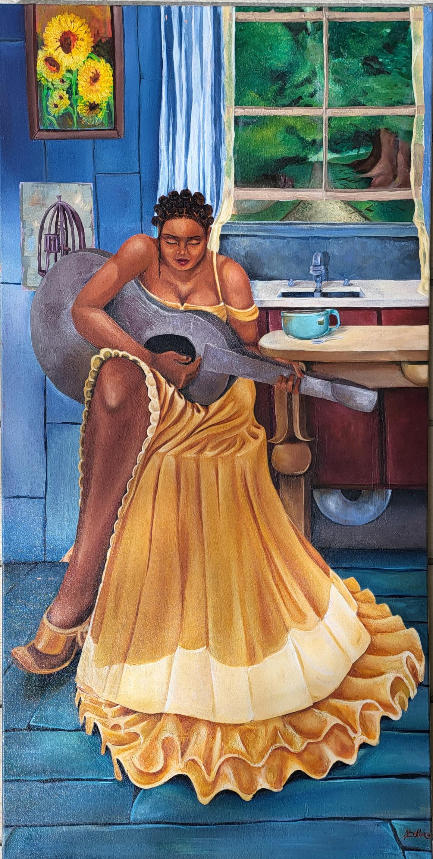 Oil on Canvas. The painting is of a woman sitting at a table with tea, playing a string-less guitar. Print