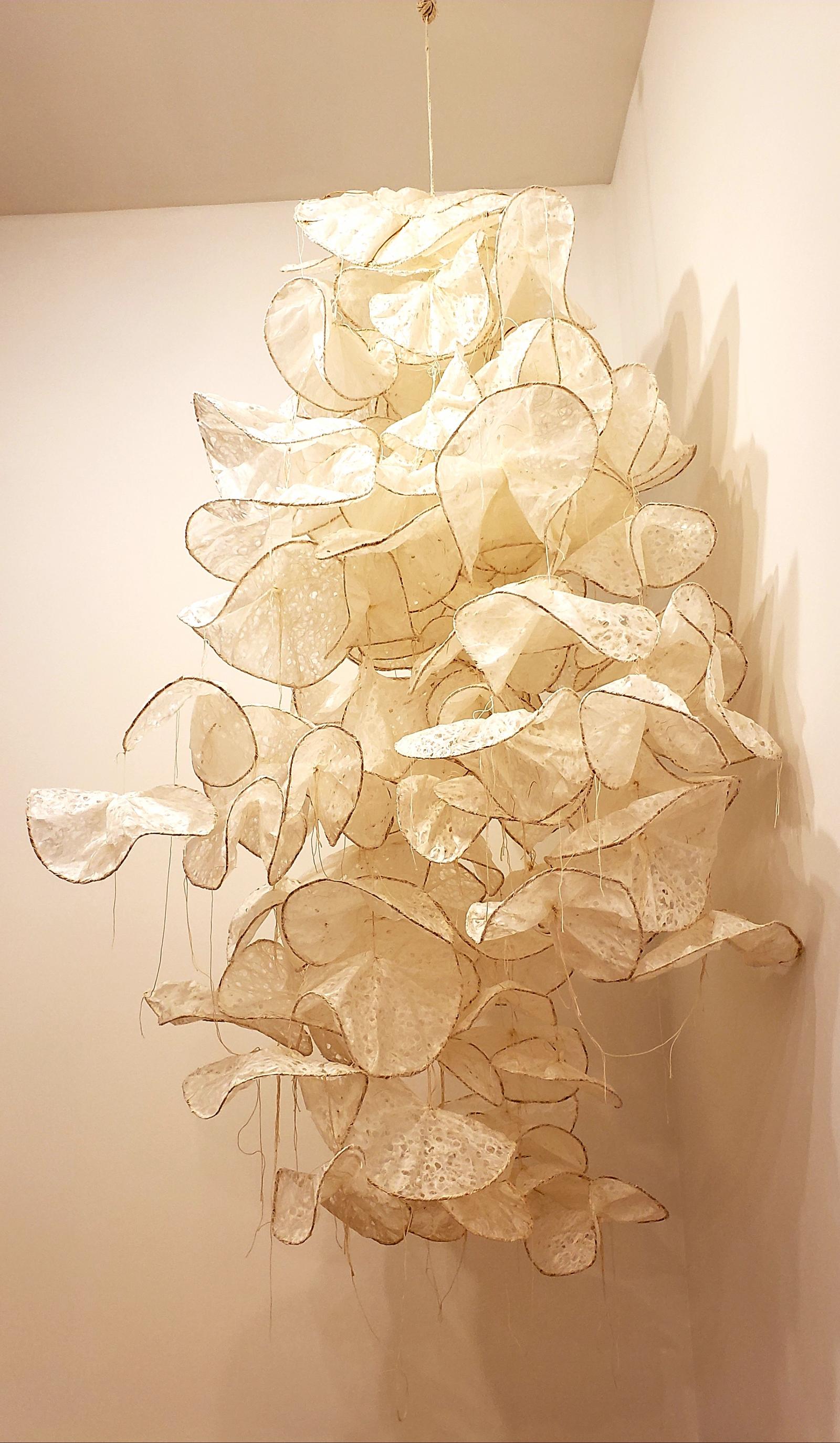 I believe that one small seed is the source, from which a new living organism is born. This work was created to convey the meaning that if we always live with hope, our lives will bear abundant fruit just as the roots of a plant grow infinitely. Using white traditional paper, you can clearly see how the paper textures are interconnected. This is to show how the roots of a tree are connected to each other. In addition, to balance the movement, each shape was connected with thread to create a mobile sculpture.