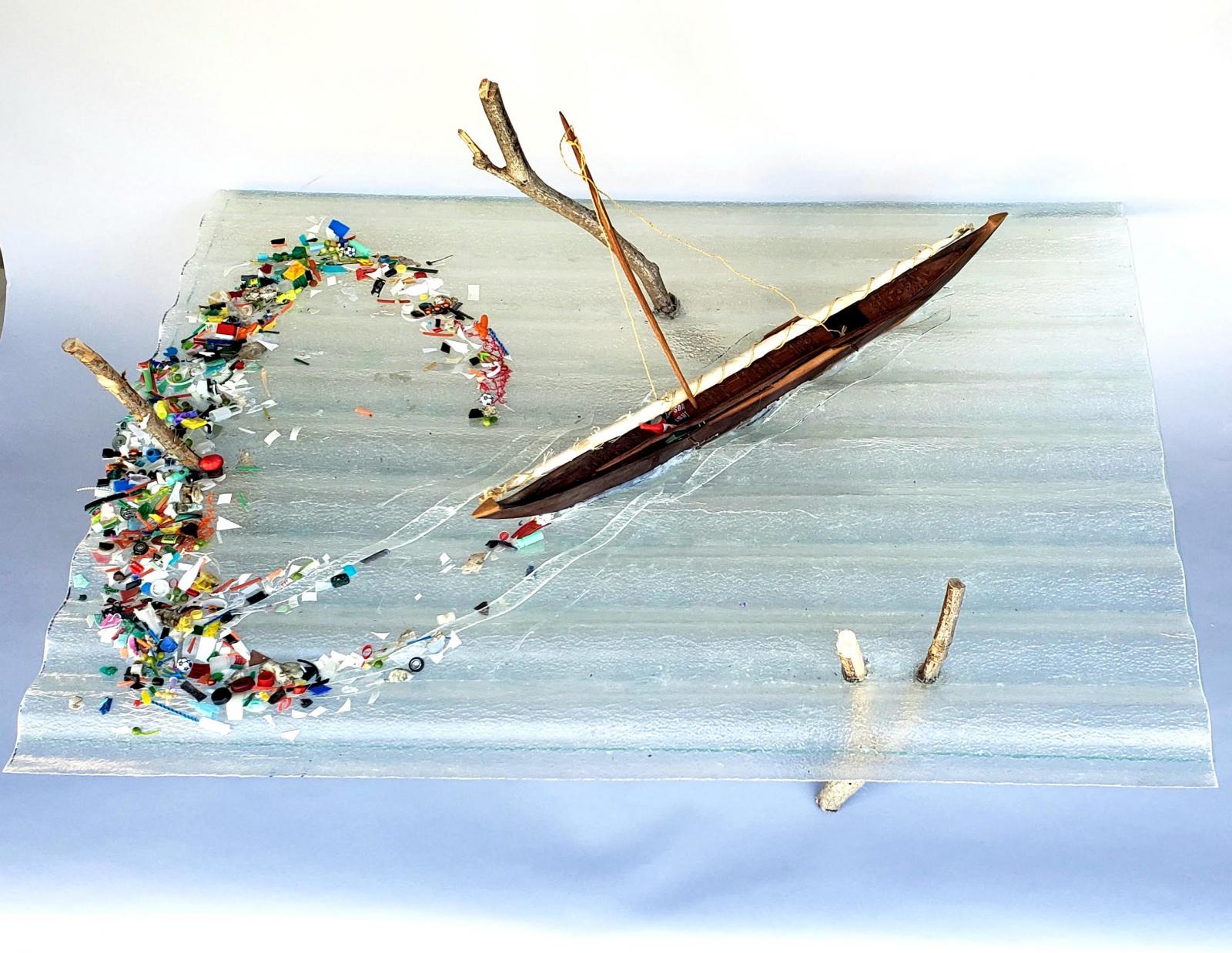 Humanity's wooden ship plies through the roiled water surface, leaving behind a slick of plastic refuse.