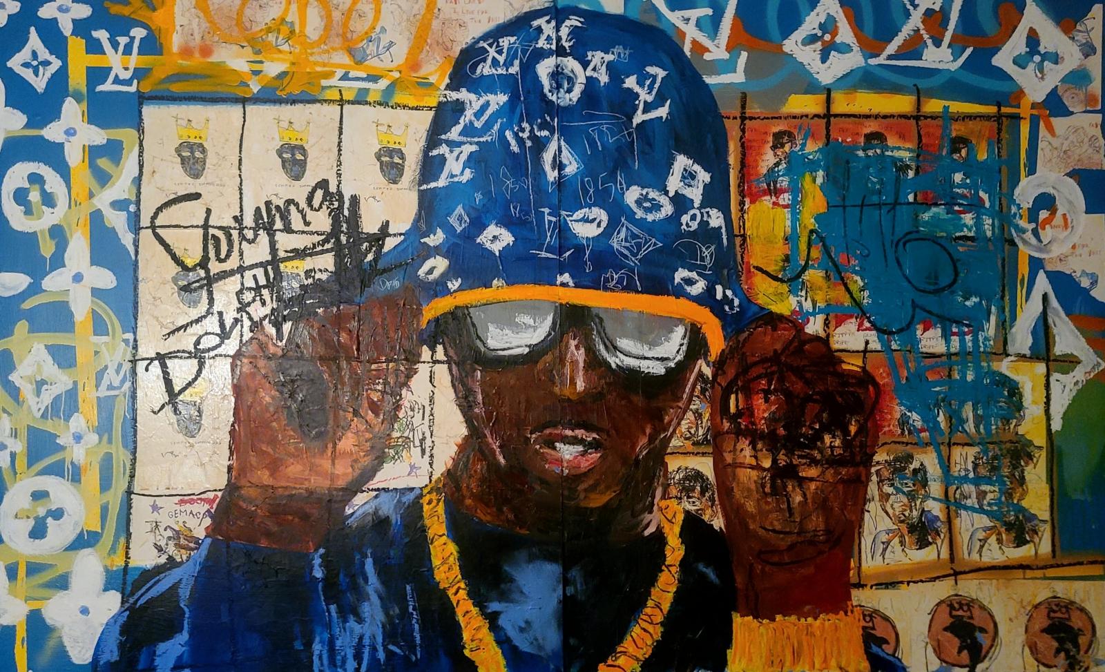This is portraiture of Young Dolph, utilizing the grafitti abstraction mixed with neo expressionism and Louis Vuitton's signature branding