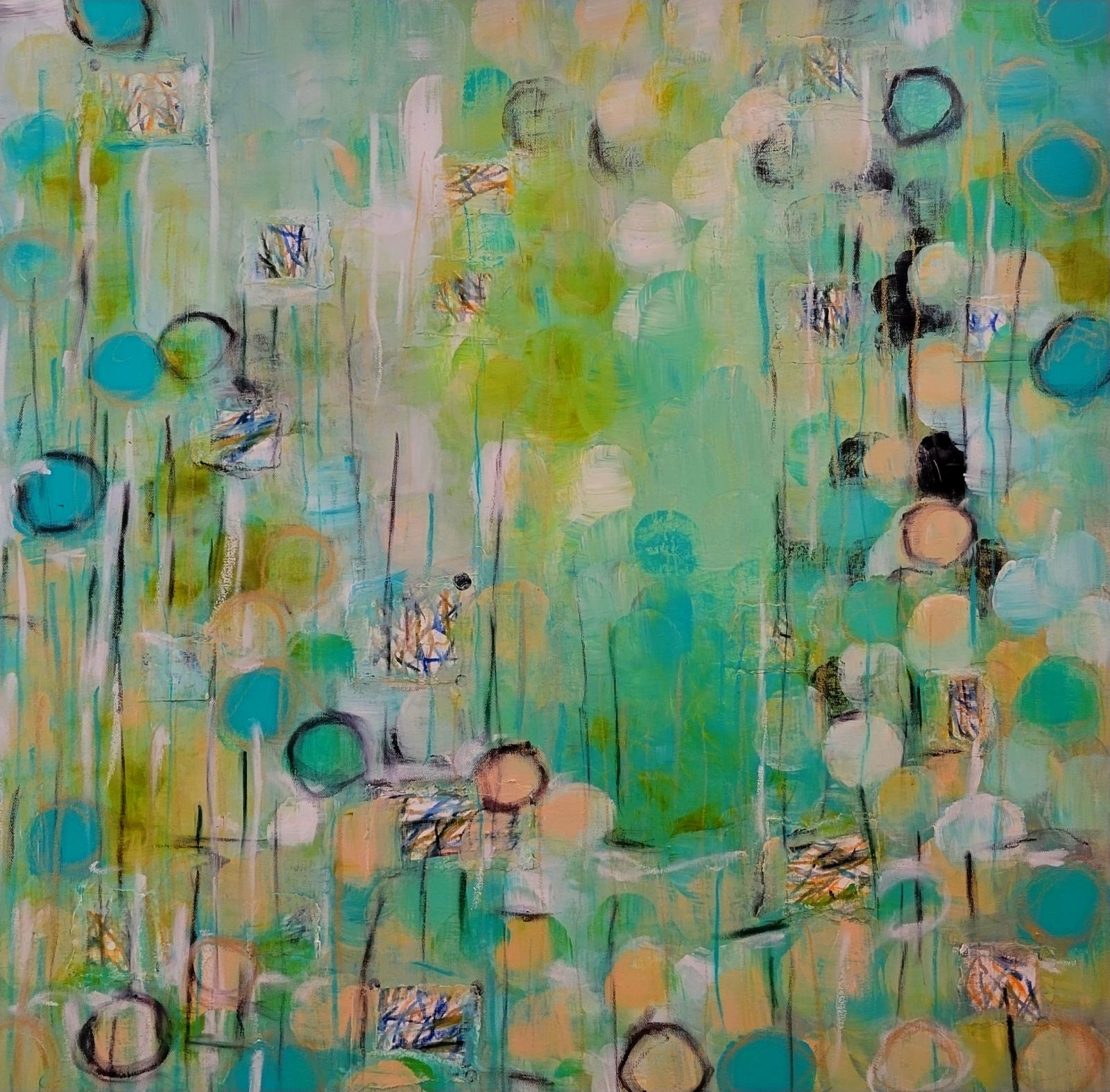 Textured and layered mixed media painting. 