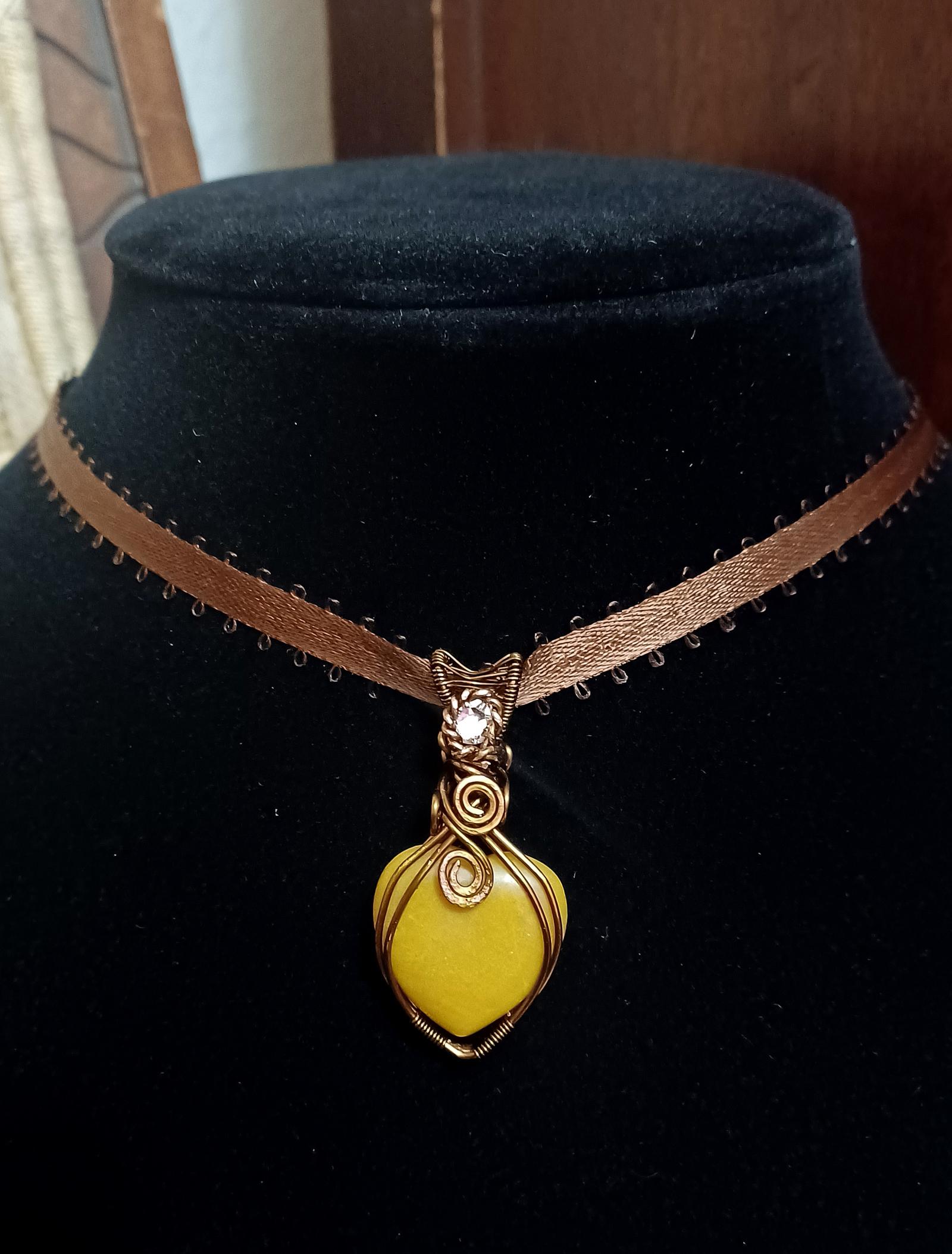 Yellow Jasper w/Swavorski crystal  wrapped in brass colored copper wire on ribbon choker - Available $45