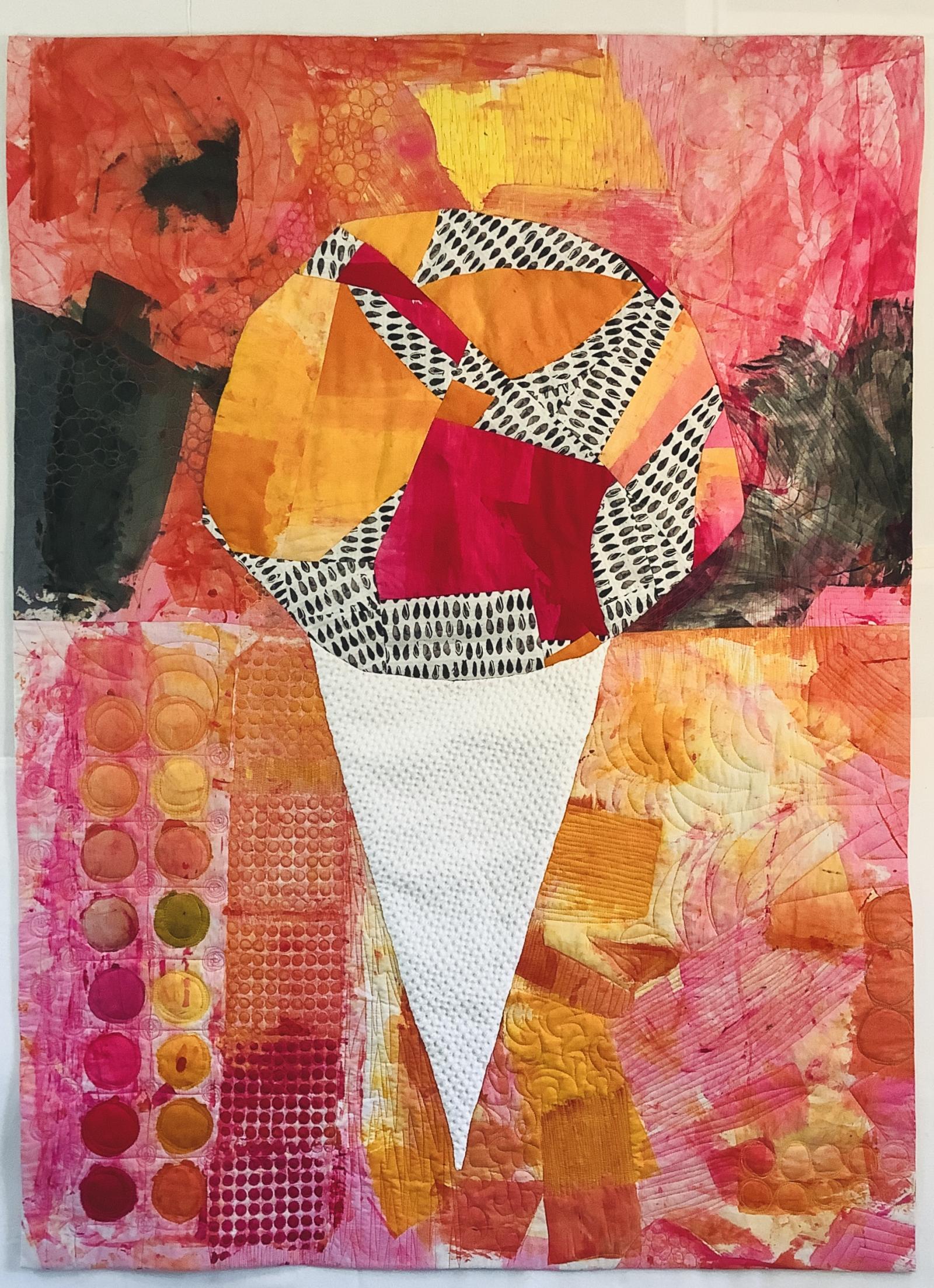 Ice cream.  Cold, sweet, creamy, crunchy and delicious in the brilliant sunlight of summer.  It’s what you want on a hot day, getting sweaty while strolling on the boardwalk with the sound of the surf in the background.  I used reverse applique for the ice cream and hand applique for the cotton waffle cone. Dense background quilting over wool batting makes the non-quilted ice cream cone pop.  Hand dyed and commercial cotton.