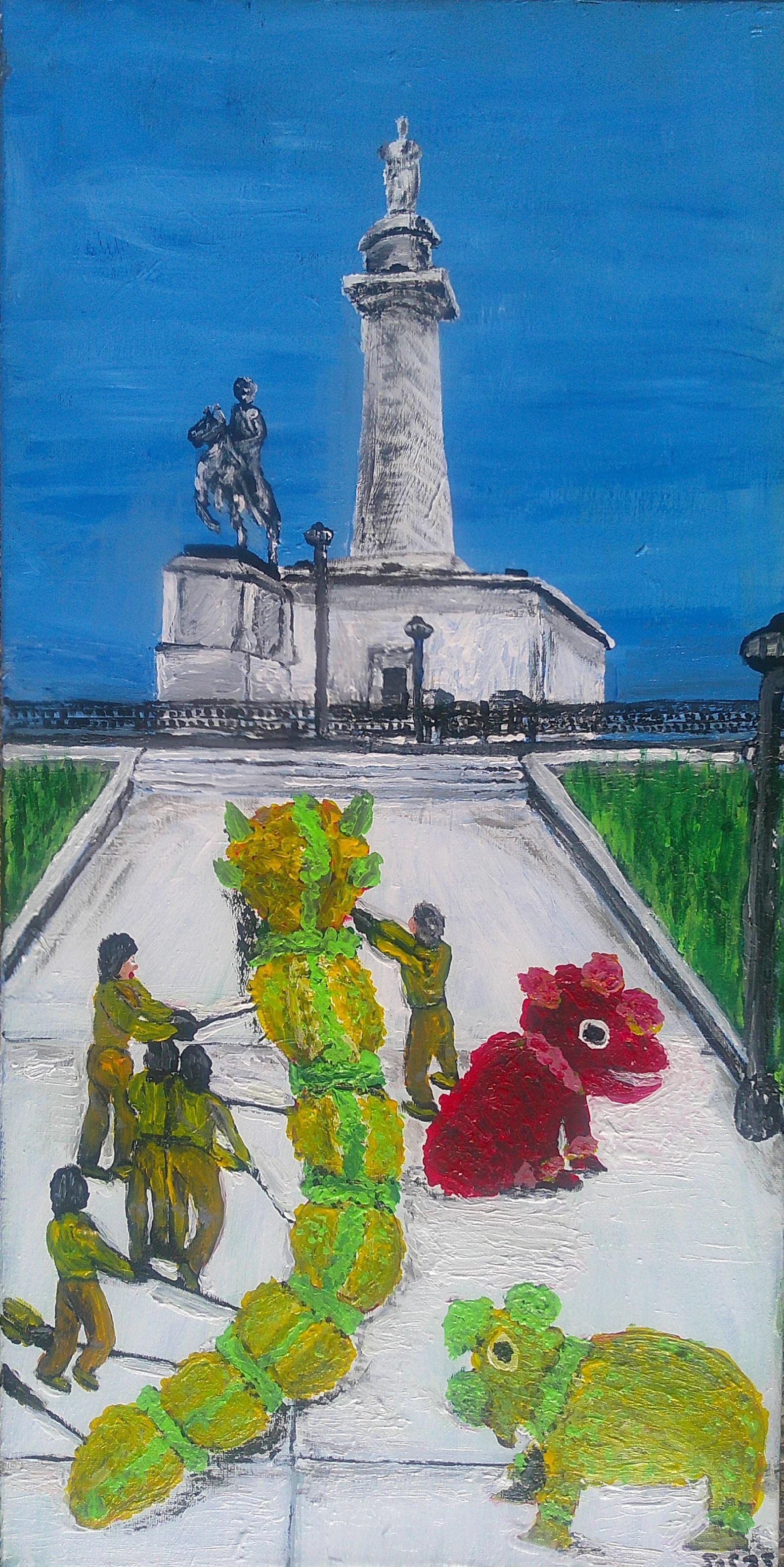 This 12x20 acrylic on canvas painting merges the iconic mount washington monument with the experiences of chinese new year at the walters art gallery where my family and I celebrated in the festivities.