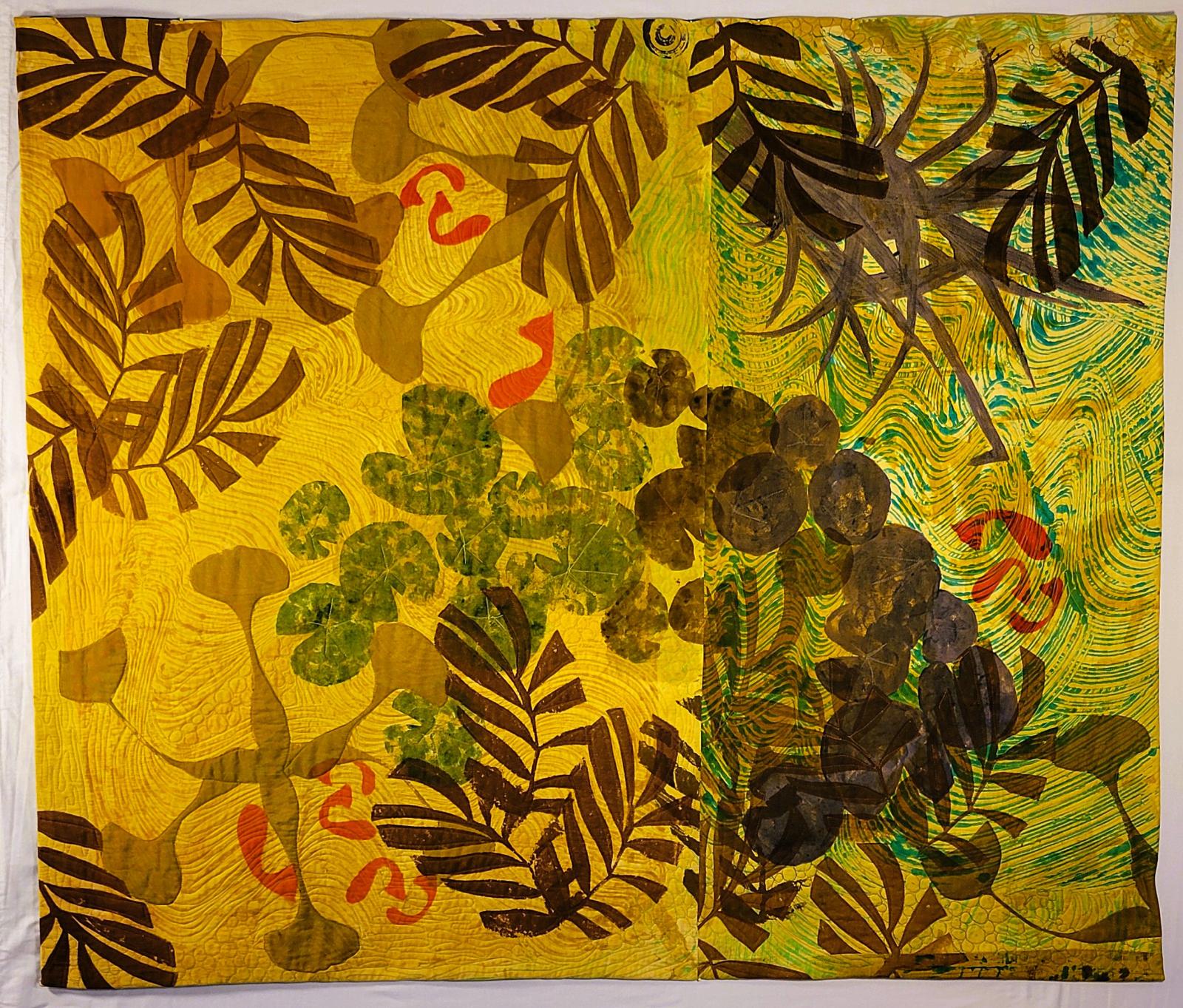 Sitting by my pond in mid-summer, I am at peace but the pond is busy. Leaves move in the breeze. The surface ripples from the
waterfall. Fish dart around occasionally splashing with a tail.  The pond in summer is lively and restful all at once.
Techniques include monoprinting, screen-printing, stencil and stamp using fiber reactive dyes.  The quilt is machine stitched and free-motion quilted.
