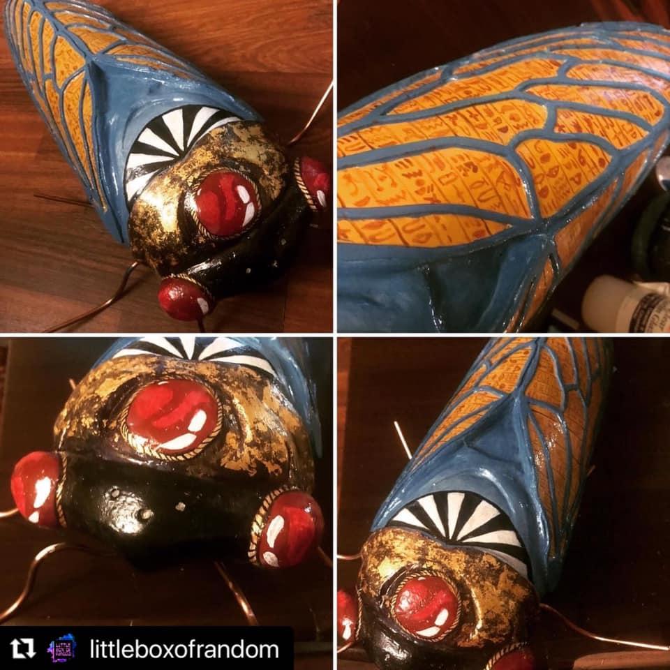 The Cicada Parade-a is a group collaboration on a grand art project involving the Brood X Cicada's return in 2021.  I was able to snag one of these limited edition cicada sculptures and wanted to do an Egyptian-inspired futuristic version. I had some gold leaf and some really cool acrylic paints.  I am so PROUD to say that my fabulous cicada #485 went to a new home at Backyard Basecamp in Baltimore City.