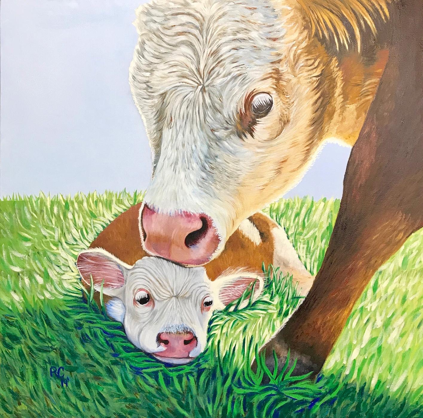 A sweet depiction of a Mother cow loving her baby.